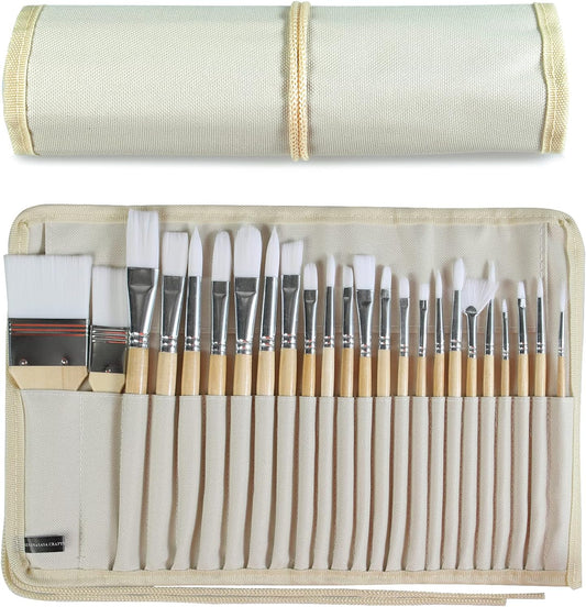 Paint Brushes Set of 24 Pieces with Canvas Brush Case | Wooden Handles, 24 Different Types of Brushes, Nylon Hair, Professional, Oil, Acrylic and Watercolor Painting
