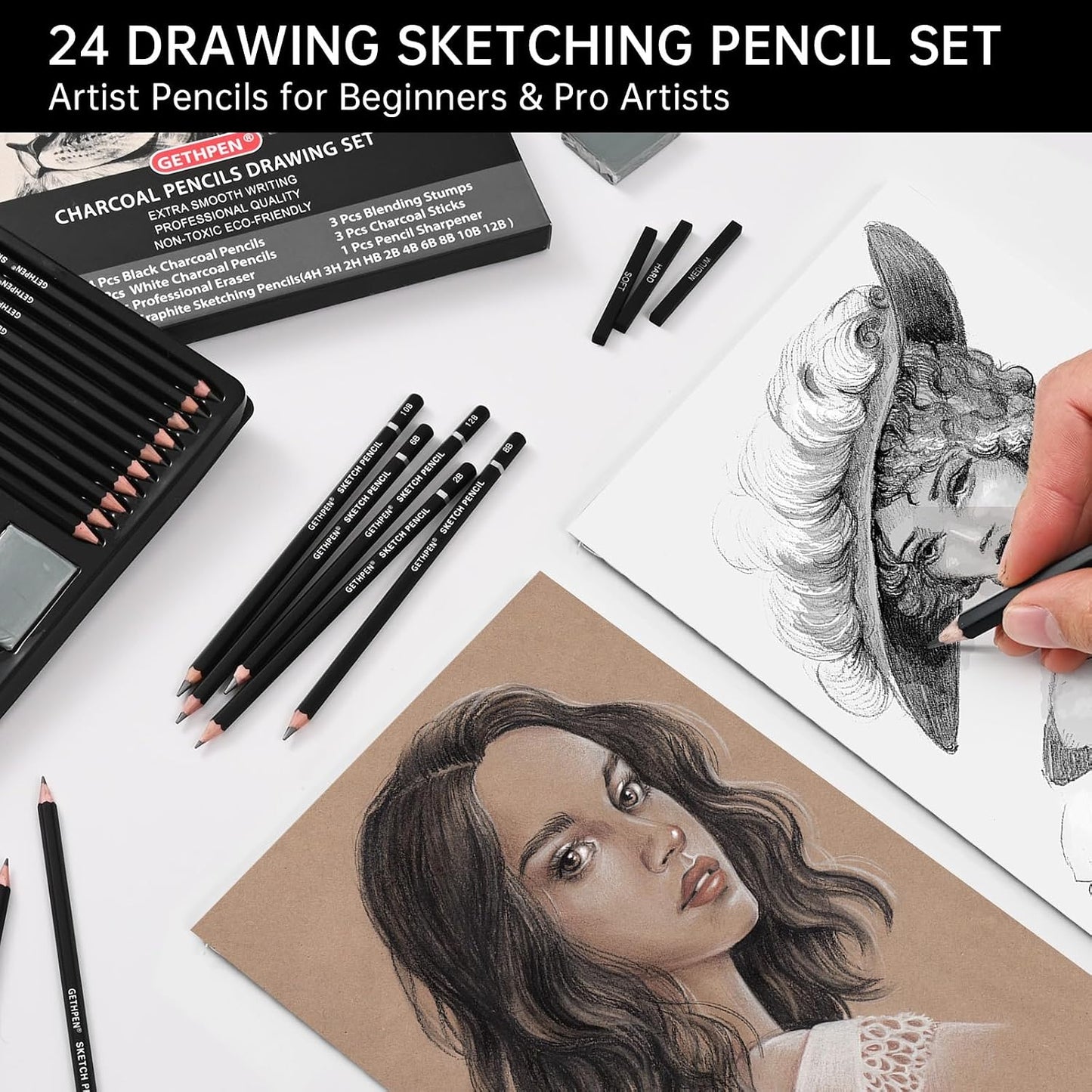 GETHPEN Drawing Sketching Pencil Set,Graphite 12B-4H Charcoal Pencils,24Pcs | Sketch Drawing Kit, Black and White Charcoal Pencils,Stumps,Eraser,Sharpeners, Sketching, Shading, Artist Charcoal Supplies