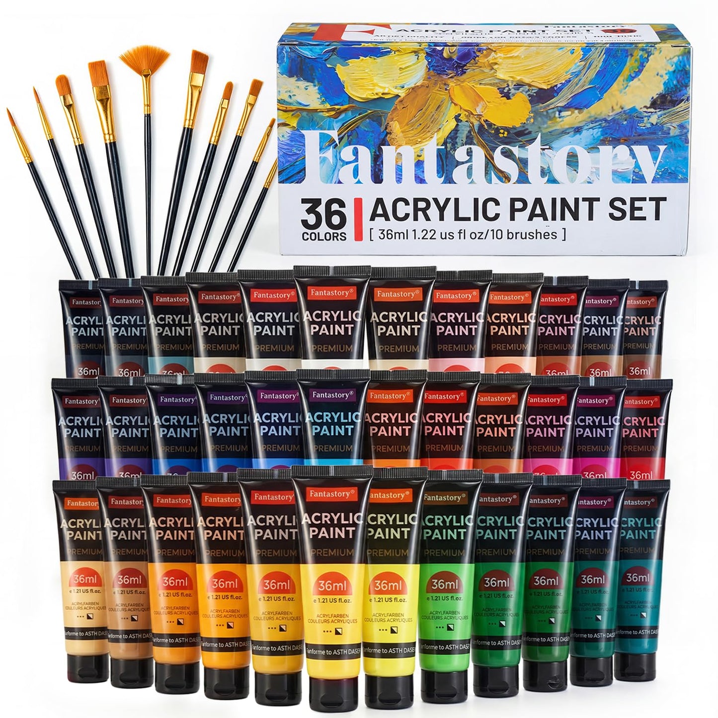Fantastory 60ml 36 Colors Acrylic Paint Set with 12 Brushes | with 12 Brushes, Chart, Palette, Scraper, Sponge - 3 Metallic, Non-Toxic, Waterproof for Wood, Rock, Canvas, Clay, DIY, 3D