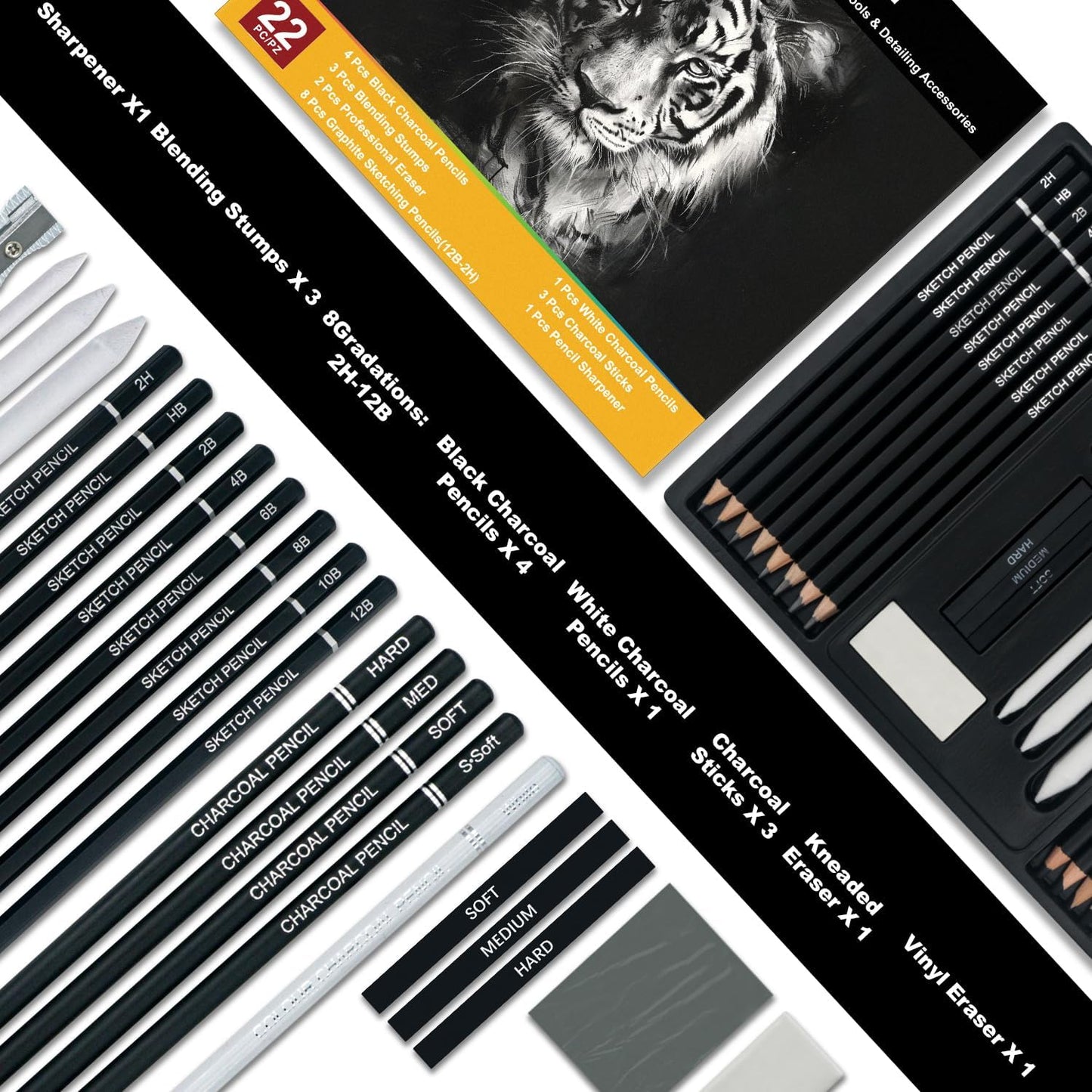 Aenir Charcoal Pencils for Drawing, 22-Piece Sketch Pencils for Drawing Set | Drawing Pencils for Sketching, Shading, Charcoal Art Supplies for Kids, Teens, Adults, Art Students, Beginners & Pro Artists.