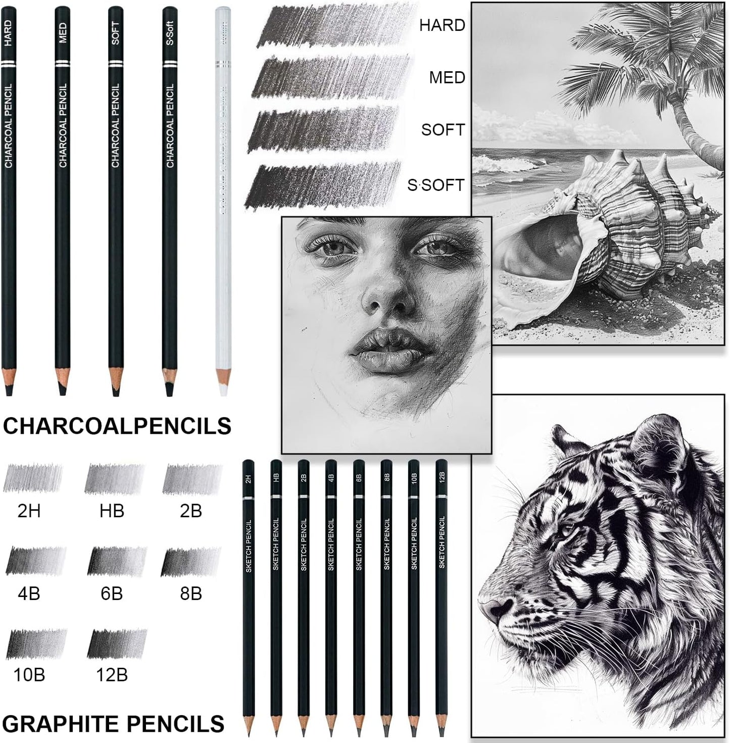Aenir Charcoal Pencils for Drawing, 22-Piece Sketch Pencils for Drawing Set | Drawing Pencils for Sketching, Shading, Charcoal Art Supplies for Kids, Teens, Adults, Art Students, Beginners & Pro Artists.