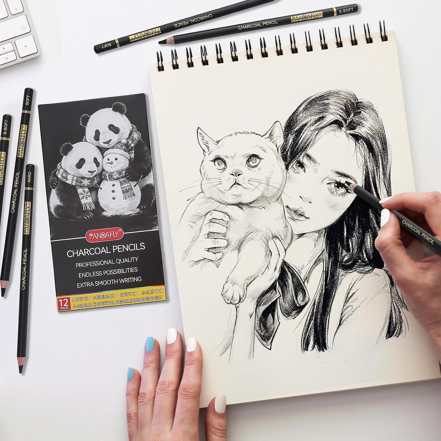 PANDAFLY Charcoal Pencils Set, 12 Pack (Super Soft, Soft, Medium & Hard) | Professional Black Charcoal Pencils for Drawing Sketching Shading, Charcoal Drawing Set for Beginners & Pro Artists