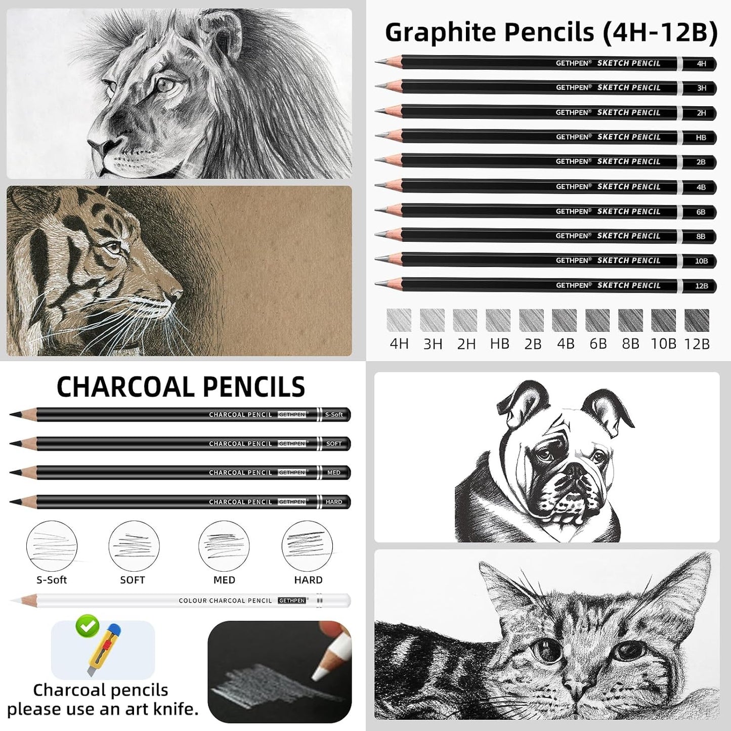 GETHPEN Drawing Sketching Pencil Set,Graphite 12B-4H Charcoal Pencils,24Pcs | Sketch Drawing Kit, Black and White Charcoal Pencils,Stumps,Eraser,Sharpeners, Sketching, Shading, Artist Charcoal Supplies