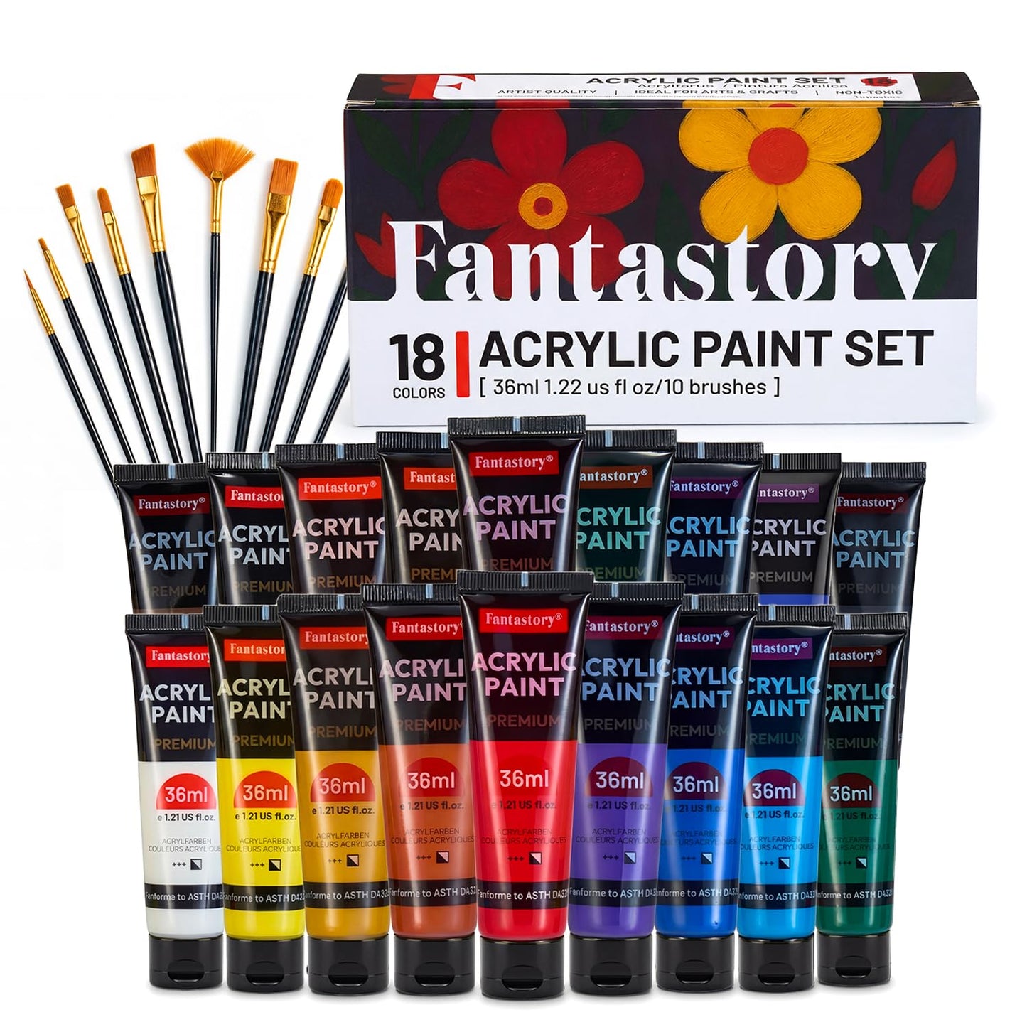 Fantastory 60ml 36 Colors Acrylic Paint Set with 12 Brushes | with 12 Brushes, Chart, Palette, Scraper, Sponge - 3 Metallic, Non-Toxic, Waterproof for Wood, Rock, Canvas, Clay, DIY, 3D