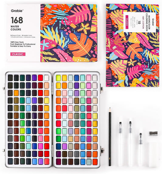 Grabie Set of 168 Color Watercolor Paint Set with Coloring Book | Water Brushes And Drawing Pencil, High Pigment Paints, Smooth Blending, Portable Storage Case, Watercolor Painting
