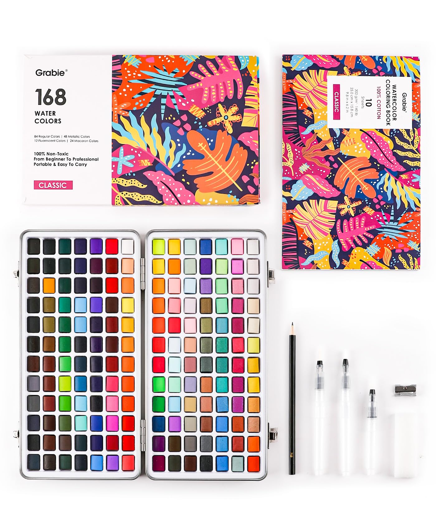Grabie 50 Color Watercolor Paint Set with Detail Paint Brushes | High Pigment Paints, Blendable Colors, Portable Travel Case, Painting, Sketching, Illustration, Beginner And Hobby Artists