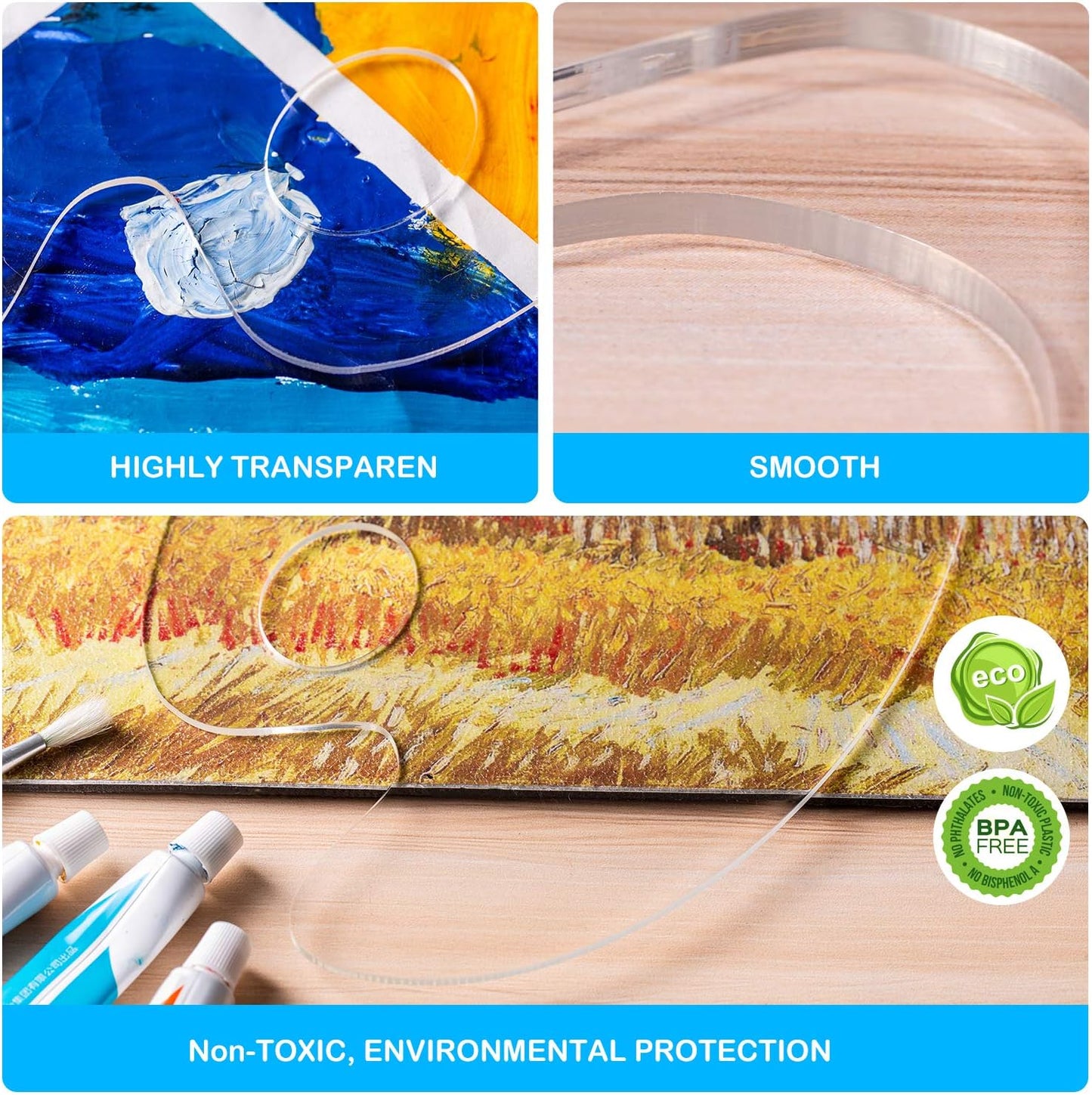 3pcs Acrylic Paint Palette Clear Art Palette for Adults & Kids, Transparent Non-Stick Oil Paint Palette with Protective Film for DIY Craft Art Painting Plate