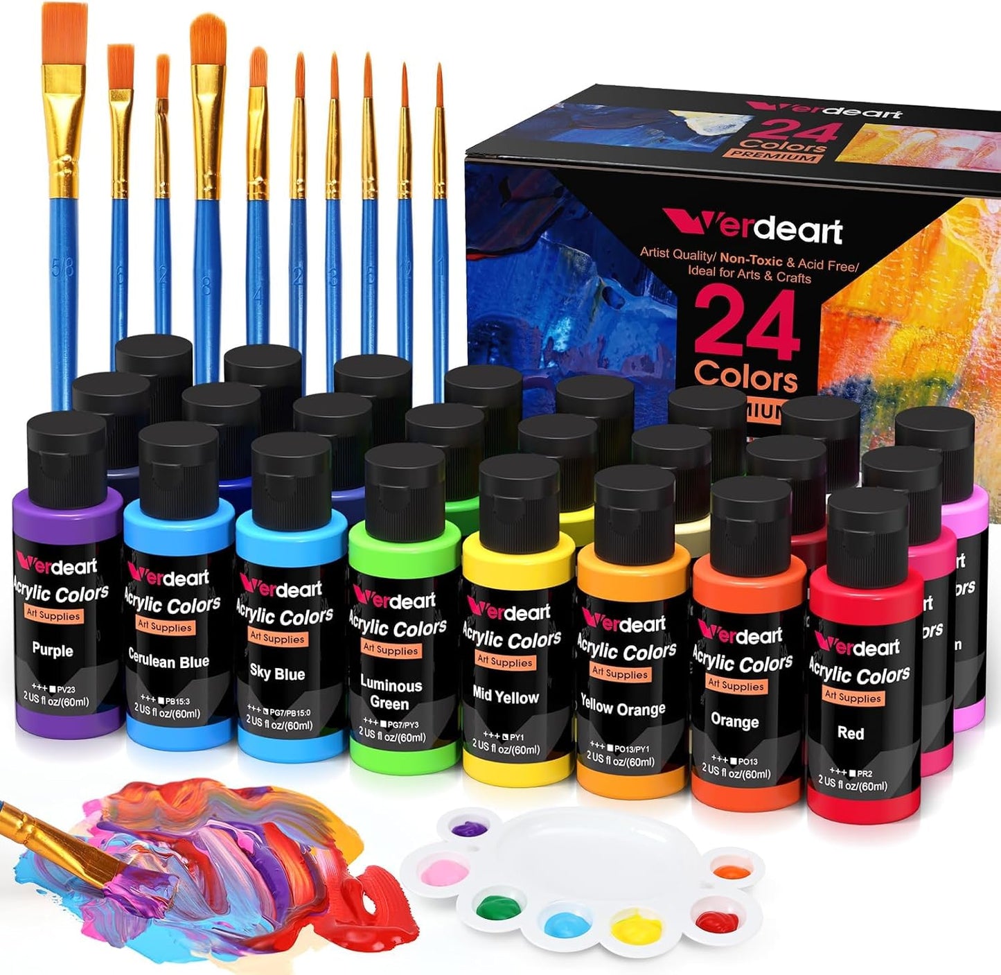 Acrylic Paint Set - 24 Colors 2 oz/59 ml Acrylic Paints for Professional Artists with 10 Brushes , Art Supplies for Painting Canvas Rock Wood Ceramic Glass Art Craft Painting, Rich Pigments Lasting Quality for Beginners