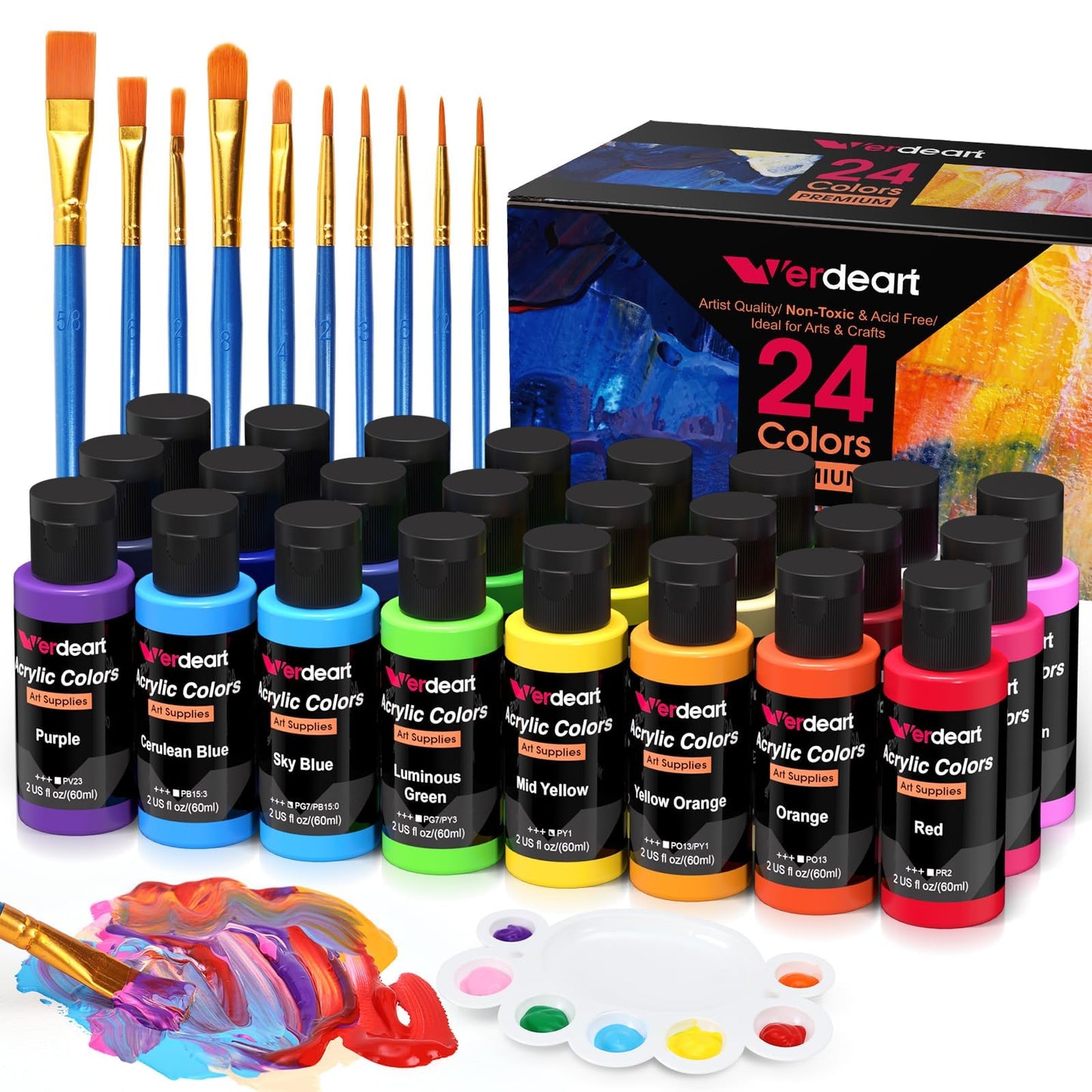 Acrylic Paint Set - 24 Colors 2 oz/59 ml Acrylic Paints for Professional Artists with 10 Brushes , Art Supplies for Painting Canvas Rock Wood Ceramic Glass Art Craft Painting, Rich Pigments Lasting Quality for Beginners