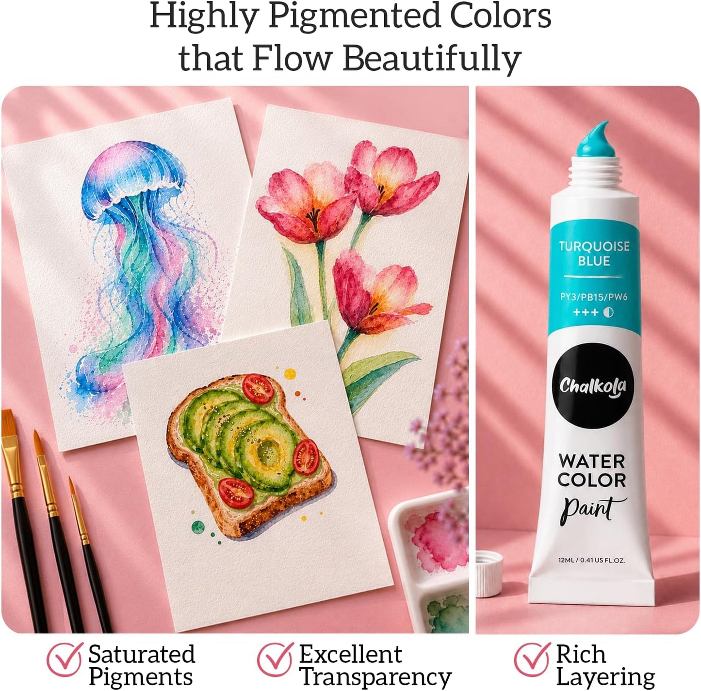 Chalkola 36 Watercolor Paint Set for Adults, Kids & Professional Artists | 36 Watercolor Paint Tubes (12ml, 0.4oz), 10 Painting Brushes & 1 Palette - Vibrant Water Color Art Painting Supplies