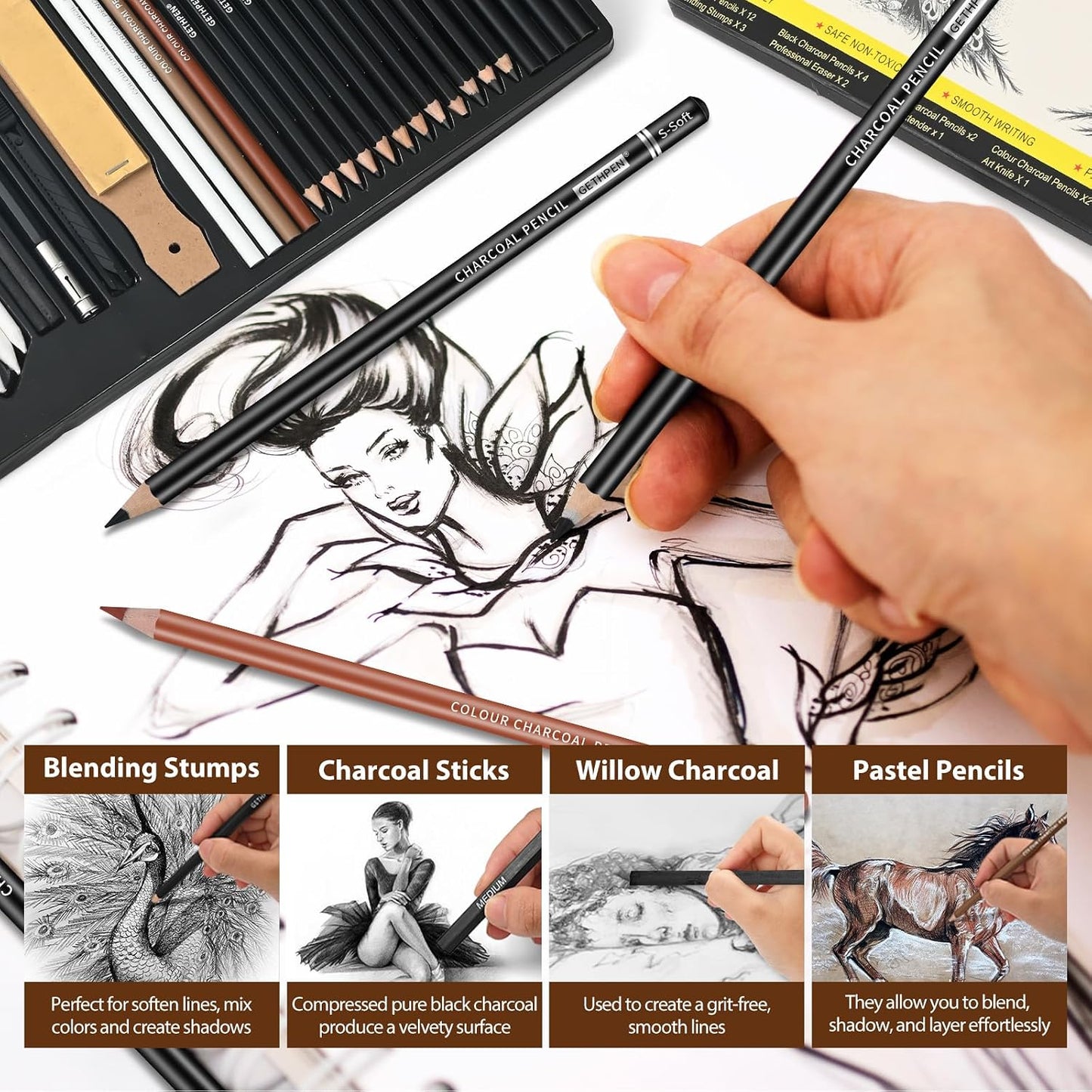 GETHPEN 34Pcs Sketch Drawing Kit, Graphite 14B-4H Charcoal Pencils Sticks | Sketch Pencil Set, (4H-14B) Pencils, Vinyl Eraser, Kneaded Eraser,Sharpener and Paper Blending Stump, Artists and Beginners
