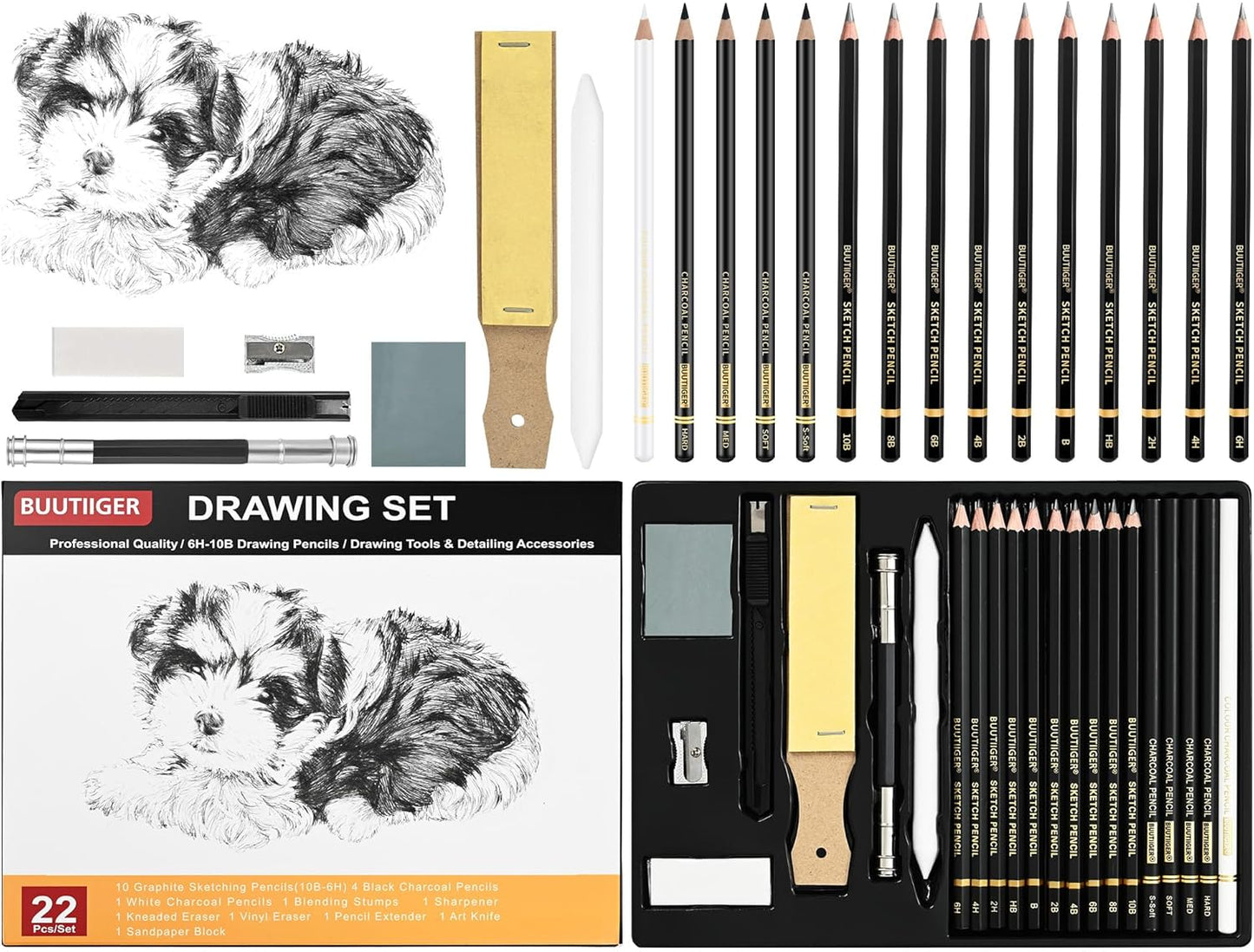 22 PCS Drawing Sketching Pencil Set, Graphite Pencils (10B-6H) | Charcoal Sticks, Blending Stumps, Erasers, Pencil Sharpeners, Drawing Sketching Pencil, Art Pencils for Beginners & Artists