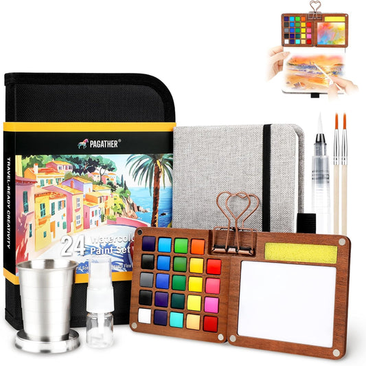 Pagather 24 Colors Mini Watercolor Travel Set, Portable Watercolor Kit with Water Brush, Pocket Size Painting Set for Beginners, Hobbyists & Artists