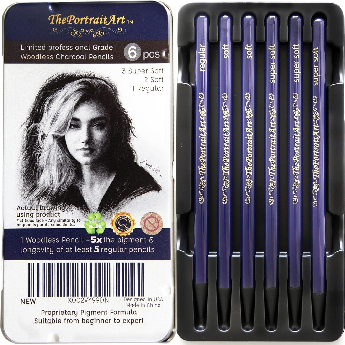Woodless Pure Charcoal Pencils Set, Soft & Dark 6-Pc | Set Equivalent to 28+ Regular Drawing Pencils – Smooth Consistency on All Drawing Paper for Art Supplies