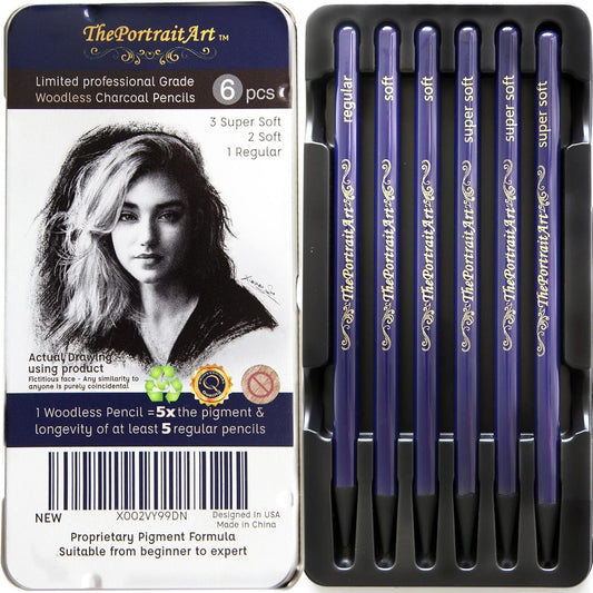 Woodless Pure Charcoal Pencils Set, Soft & Dark 6-Pc | Set Equivalent to 28+ Regular Drawing Pencils – Smooth Consistency on All Drawing Paper for Art Supplies