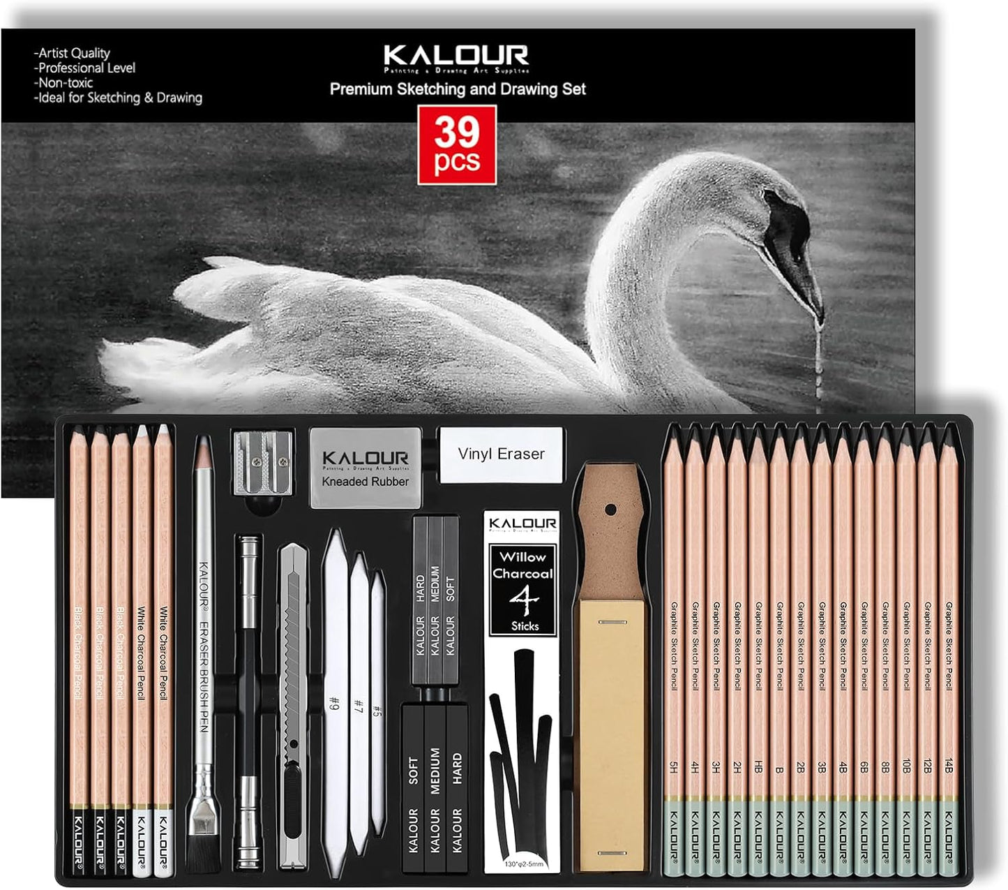 KALOUR PDAS 39pcs Drawing Pencil Set, Professional Sketching Kit with Graphite, Charcoal & Sketch Pencils for Drawing, Complete Drawing Kit for Artists & Beginners