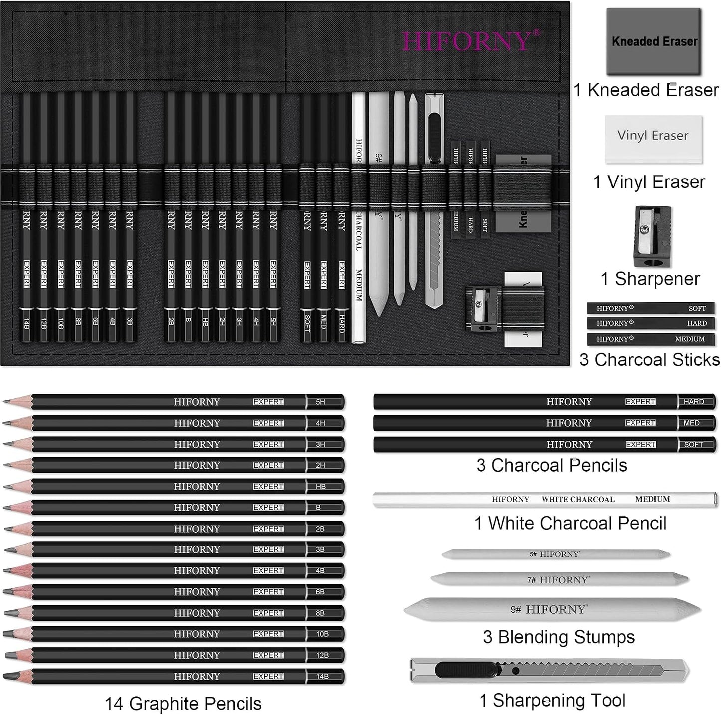 HIFORNY 28 PCS Sketching Drawing Pencil Set,Sketch Pencils Art Supplies with Graphite,Charcoal,Blending Tools,Accessories,Drawing Kit for Adults Artists in Canvas Roll Up Case