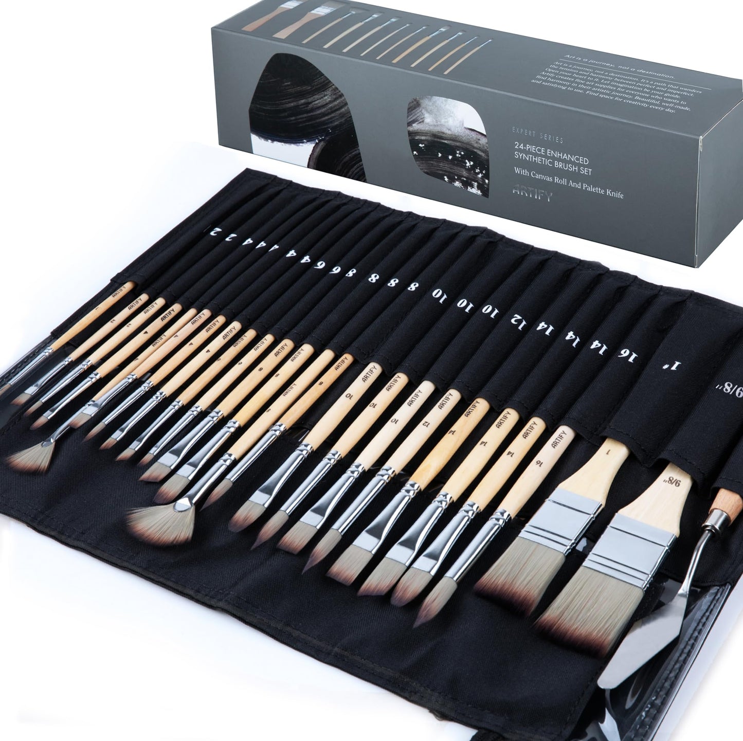 ARTIFY 25 Pieces Professional Paint Brush Set – Expert Series Synthetic Nylon Brushes for Acrylic, Oil, Watercolor, Gouache – No Shedding, Canvas Roll Case & Palette Knife, Artist Gifts Art Supplies