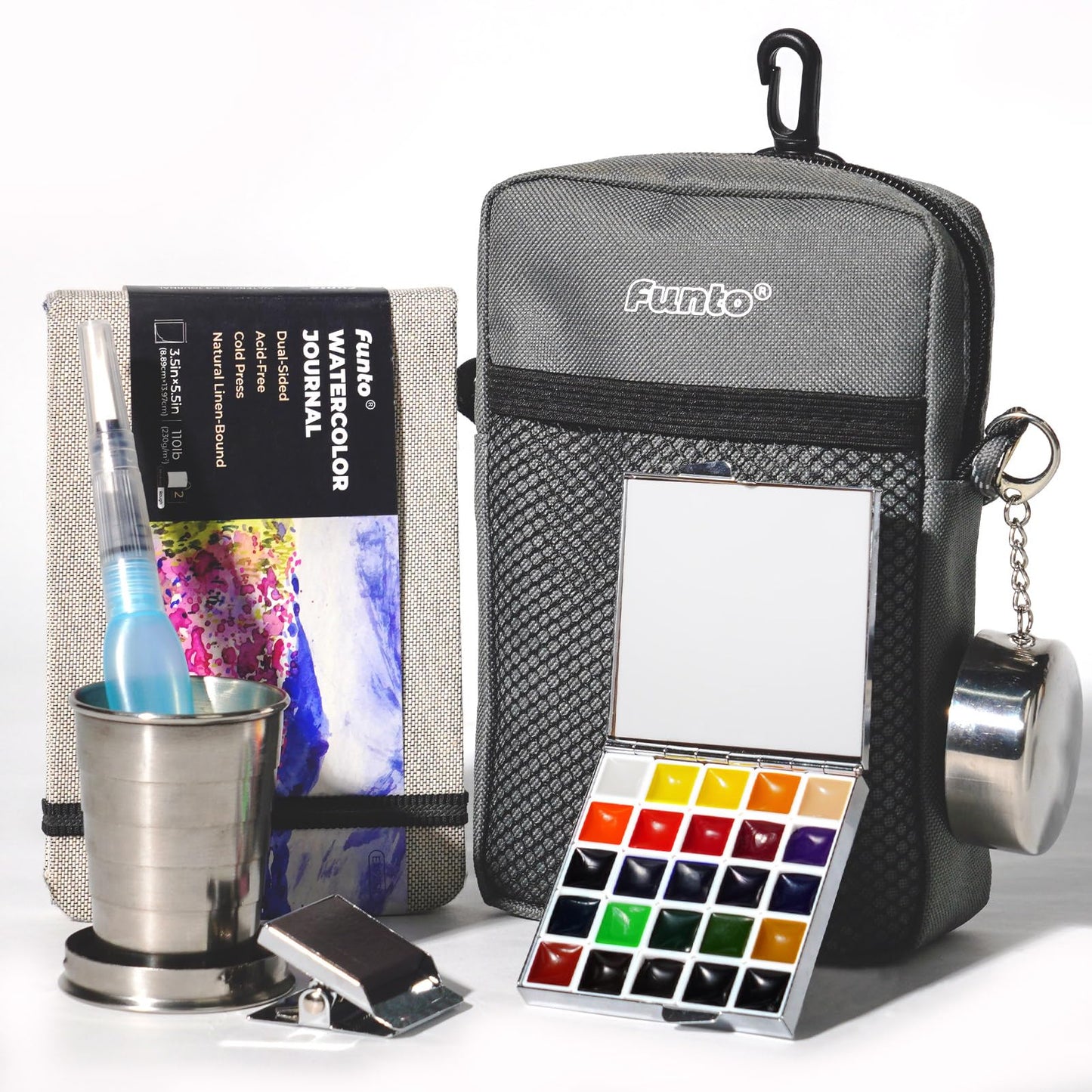 Funto Mini Watercolor Paint Set, All-in-One Walnut Wood 15-Color Premium Pocket Travel Paint Kit, with Crossbody Bag,Watercolor Journal, Metal Clip, Paint Water Cup, Water Brush Ideal for Art Lovers
