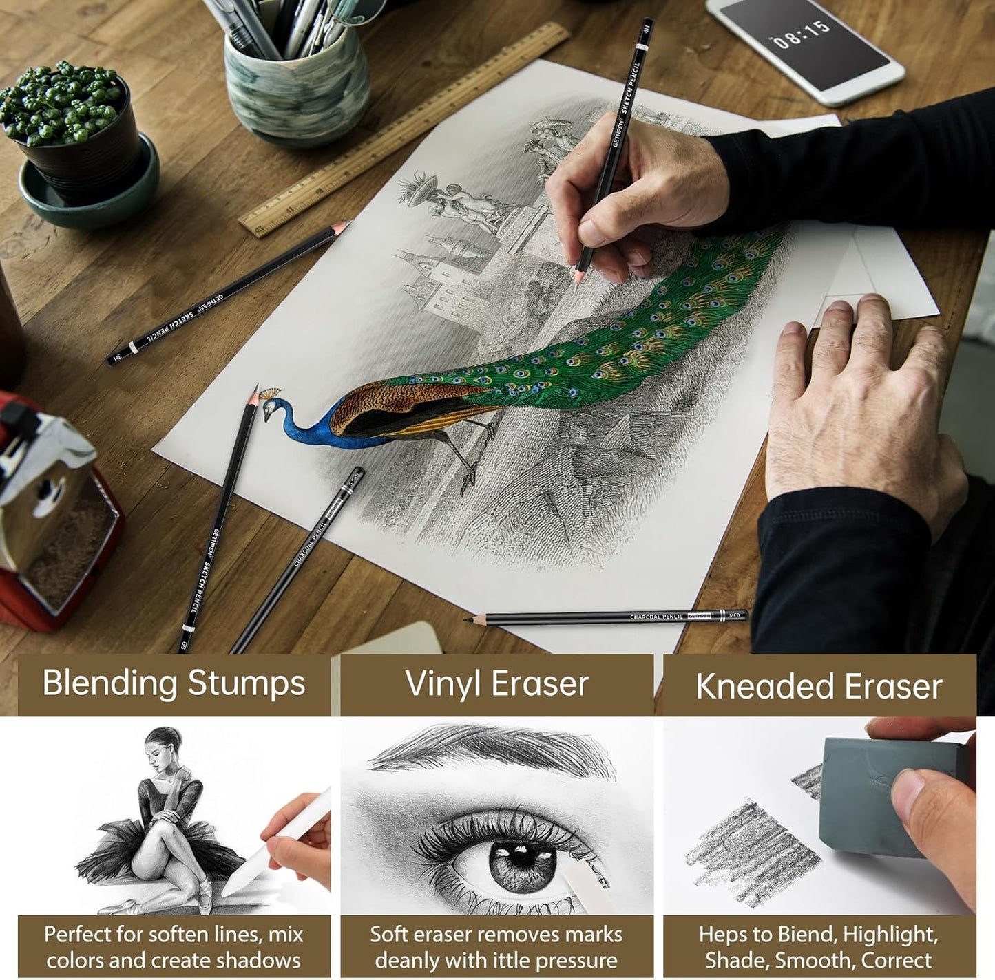 GETHPEN Drawing Sketching Pencil Set,Graphite 12B-4H Charcoal Pencils,24Pcs | Sketch Drawing Kit, Black and White Charcoal Pencils,Stumps,Eraser,Sharpeners, Sketching, Shading, Artist Charcoal Supplies