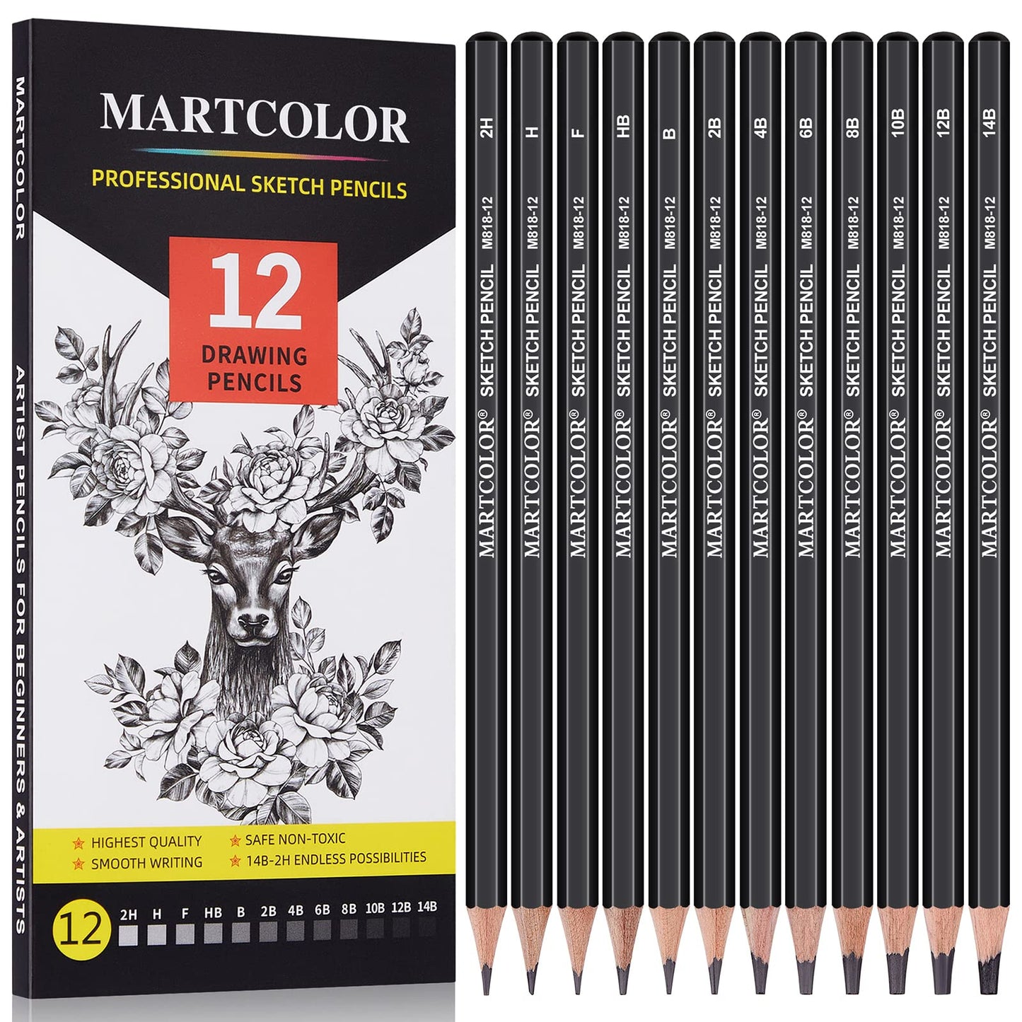 MARTCOLOR 20 Pieces Drawing Sketching Pencil Set, Graphite Pencils (14B-4H) | Charcoal Sticks, Stump, Eraser, Sharpeners, Ideal for Drawing Art, Sketching, Artist Pencils for Beginners & Pro Artists