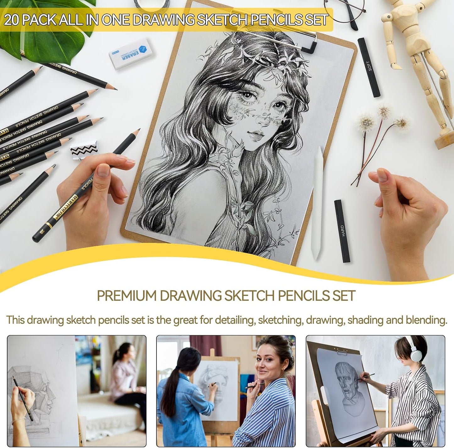 MARTCOLOR 20 Pieces Drawing Sketching Pencil Set, Graphite Pencils (14B-4H) | Charcoal Sticks, Stump, Eraser, Sharpeners, Ideal for Drawing Art, Sketching, Artist Pencils for Beginners & Pro Artists