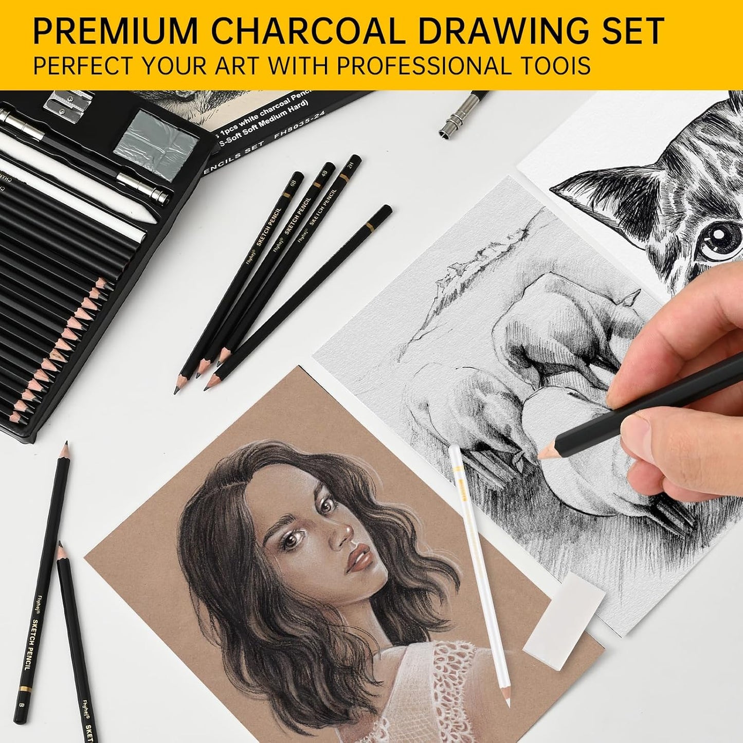 24 Piece Sketch Pencil Set, Graphite Charcoal for Shading Beginners | Graphite Pencils 14B-4H, Charcoal Pencils, White Charcoal, Art Supplies, Shading, Drawing, Sketching, Beginners & Artists