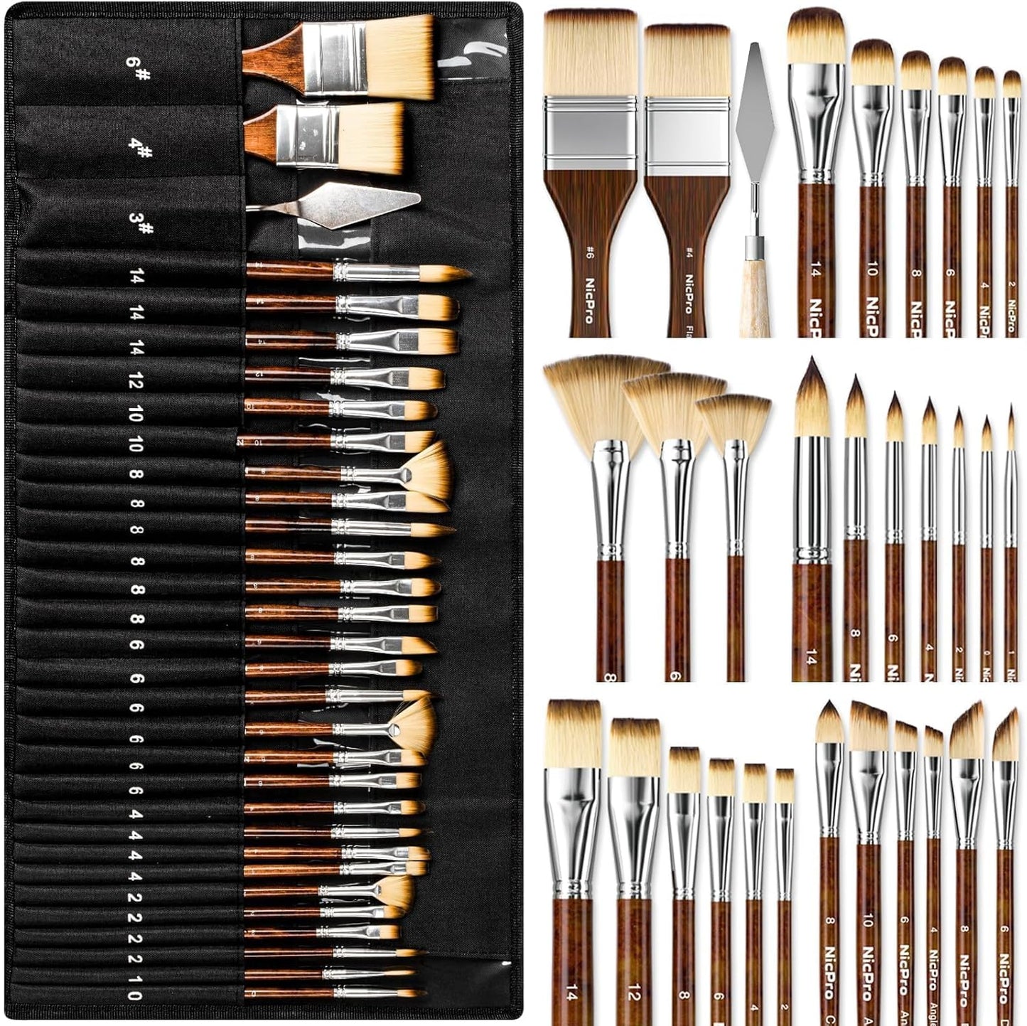 Nicpro 30pcs Paint Brush Set for Acrylic Painting, Oil, Watercolor, Gouache | Professional 9 Shapes No Shedding Synthetic Bristles with Palette Knife & Canvas Roll, Art Supplies for Artists and Beginners