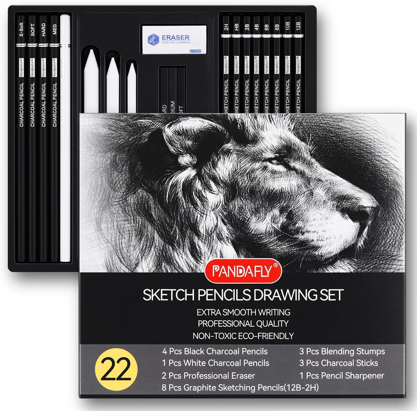 PANDAFLY Drawing Sketching Pencil Set, 22 Piece, Graphite Pencils (12B-2H) | Pro Art Pencil Kit with Black and White Charcoal Pencils, Charcoal Sticks, Stumps, Eraser, Sharpeners, Sketch Set for Artists