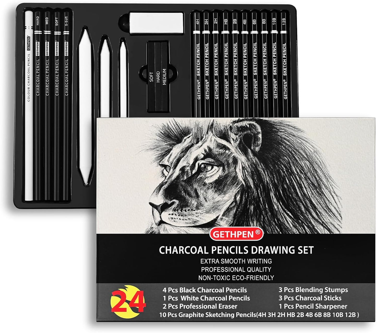 GETHPEN Drawing Sketching Pencil Set,Graphite 12B-4H Charcoal Pencils,24Pcs | Sketch Drawing Kit, Black and White Charcoal Pencils,Stumps,Eraser,Sharpeners, Sketching, Shading, Artist Charcoal Supplies