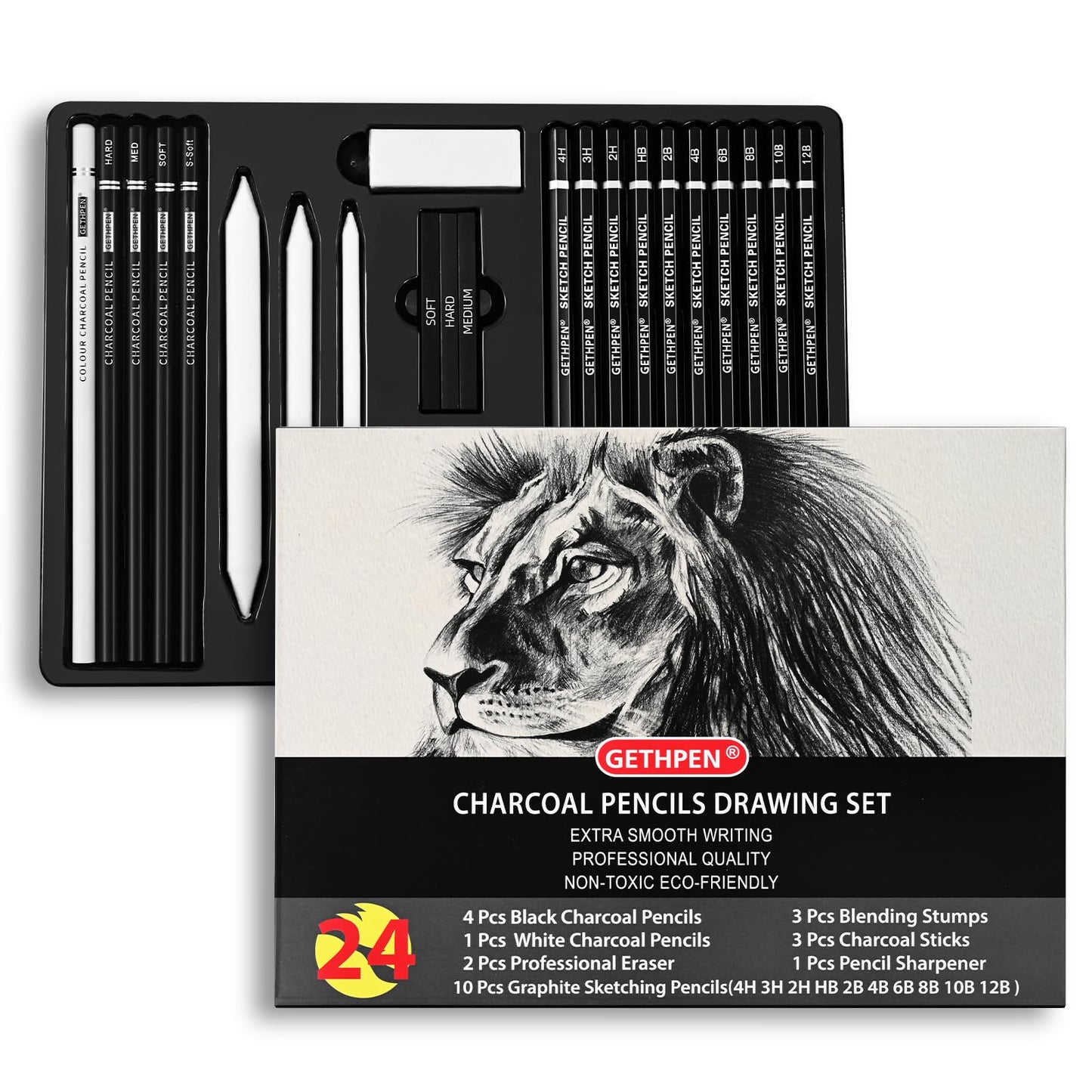 GETHPEN Drawing Sketching Pencil Set,Graphite 12B-4H Charcoal Pencils,24Pcs | Sketch Drawing Kit, Black and White Charcoal Pencils,Stumps,Eraser,Sharpeners, Sketching, Shading, Artist Charcoal Supplies