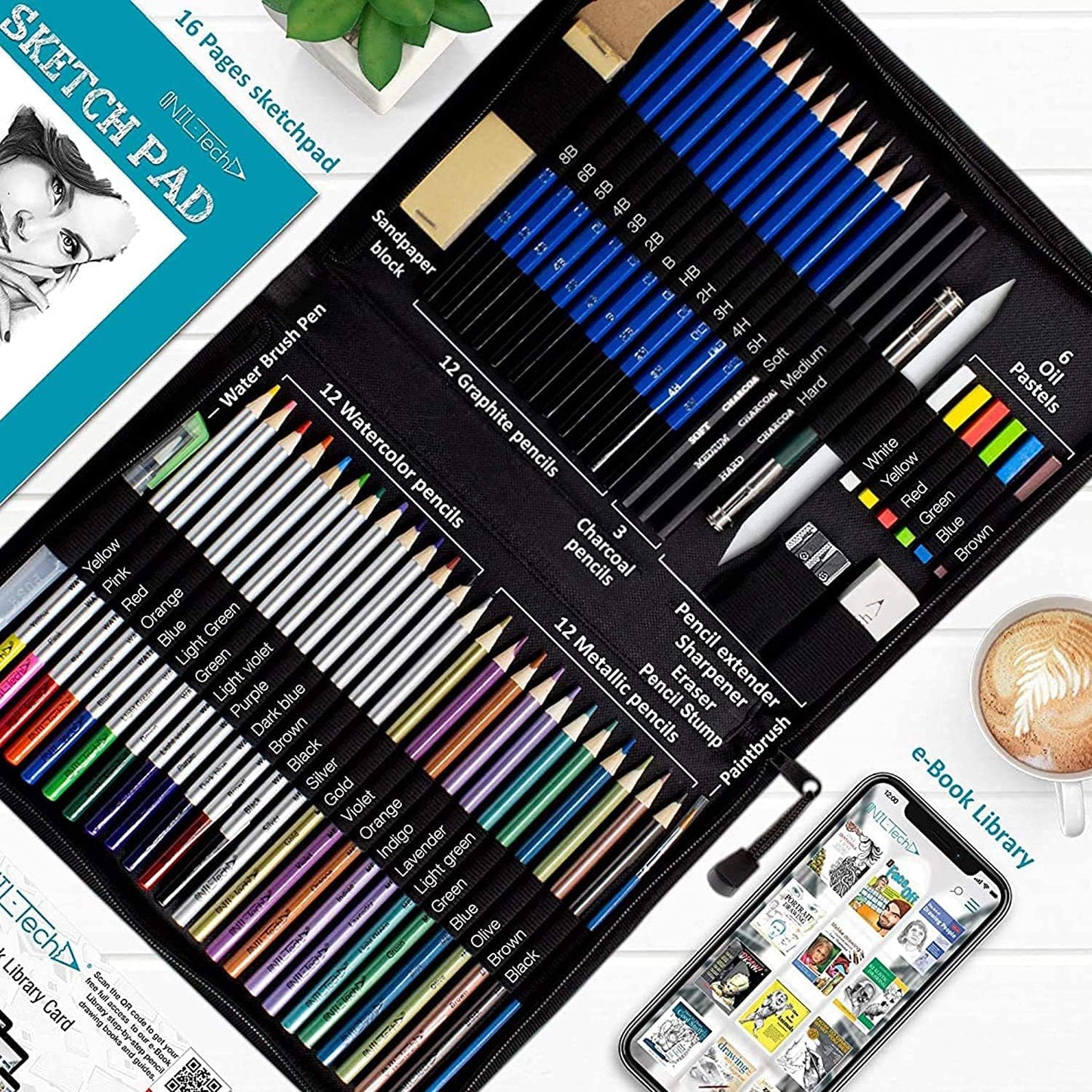 NIL - TECH 55-Piece Drawing Pencil Set – Colored, Graphite & Charcoal Pencils with Case & eBook – Art Supplies Kit for Beginners, Students & Adults – Sketching, Shading & School Gift Set