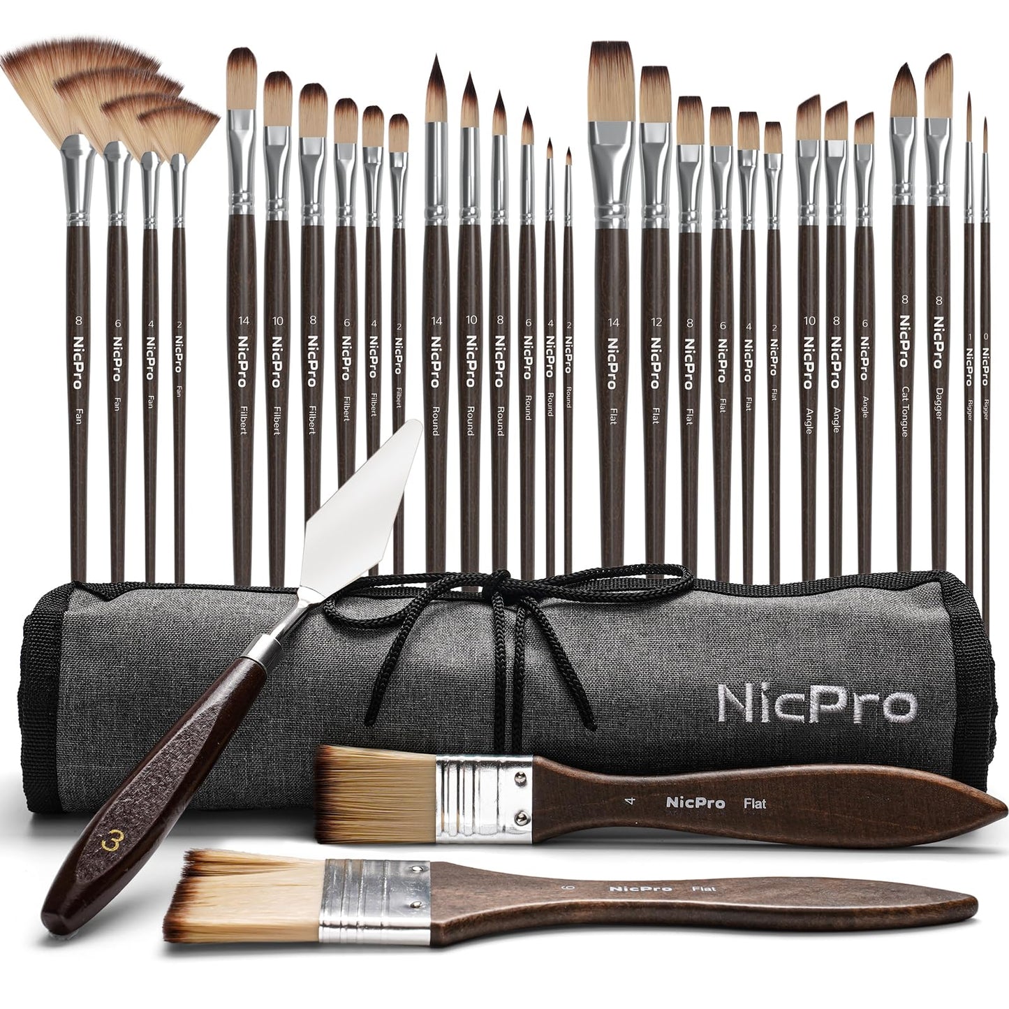 Nicpro 32pcs Paint Brush Set, Acrylic Paint Brushes, Professional Artist Series with Paint Spatula and Cloth Roll, Paintbrushes for Oil, Acrylic Canvas Paintings, Watercolor, Art Supplies