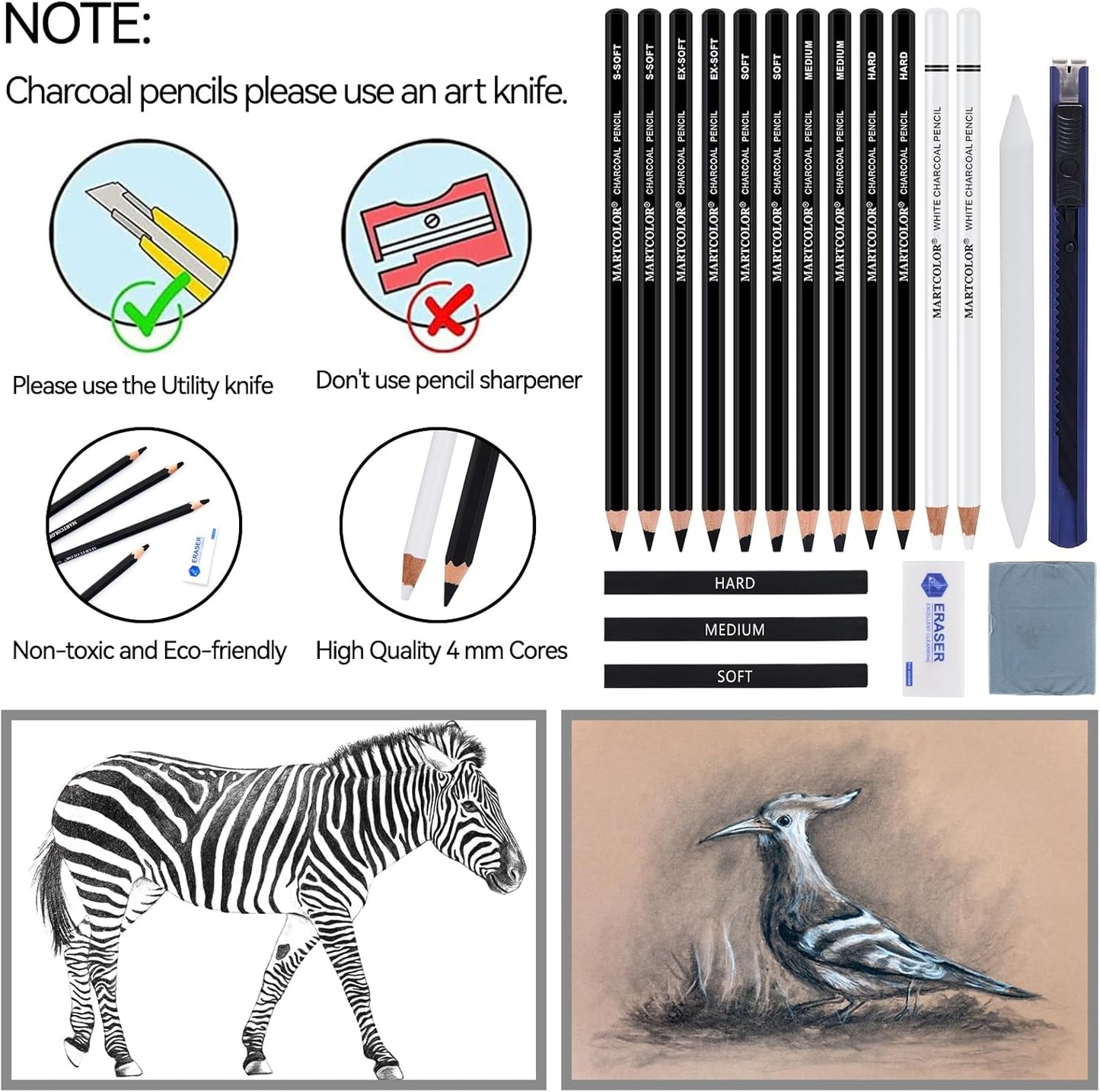 MARTCOLOR Charcoal Drawing Set, 19 Pieces, Black & White Charcoal Pencils | Charcoal Sticks, Blending Stumps, Art Knife, Eraser for Drawing, Sketching, Shading, Artist Pencils for Beginners & Artists