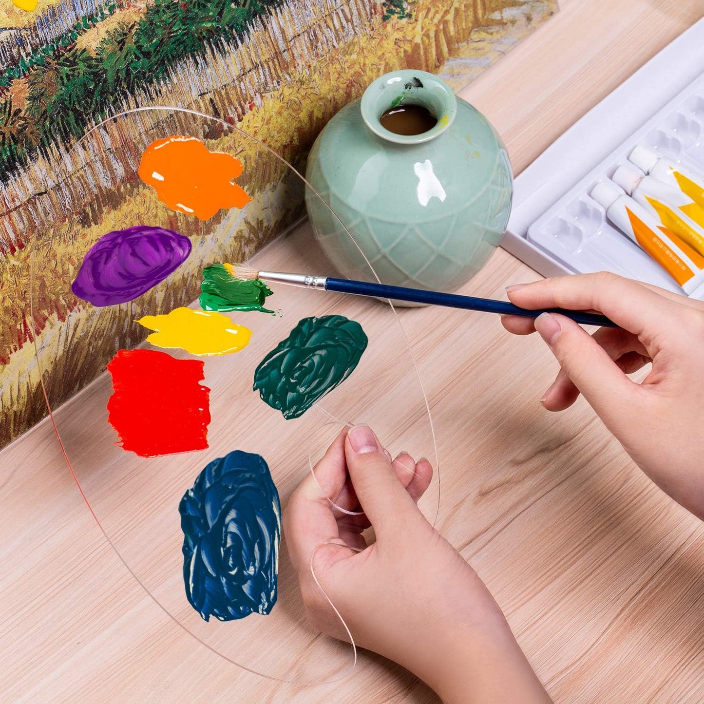 3pcs Acrylic Paint Palette Clear Art Palette for Adults & Kids, Transparent Non-Stick Oil Paint Palette with Protective Film for DIY Craft Art Painting Plate