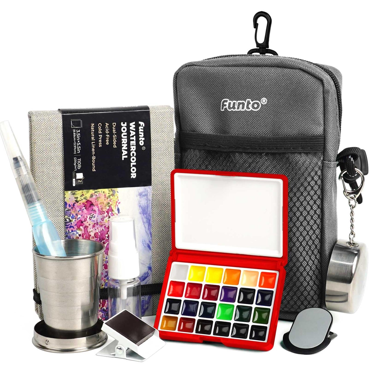 Funto Mini Watercolor Paint Set, All-in-One Walnut Wood 15-Color Premium Pocket Travel Paint Kit, with Crossbody Bag,Watercolor Journal, Metal Clip, Paint Water Cup, Water Brush Ideal for Art Lovers