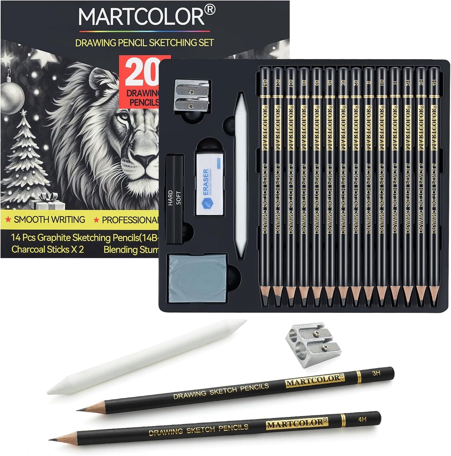 MARTCOLOR 20 Pieces Drawing Sketching Pencil Set, Graphite Pencils (14B-4H) | Charcoal Sticks, Stump, Eraser, Sharpeners, Ideal for Drawing Art, Sketching, Artist Pencils for Beginners & Pro Artists