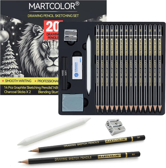 MARTCOLOR 20 Pieces Drawing Sketching Pencil Set, Graphite Pencils (14B-4H) | Charcoal Sticks, Stump, Eraser, Sharpeners, Ideal for Drawing Art, Sketching, Artist Pencils for Beginners & Pro Artists