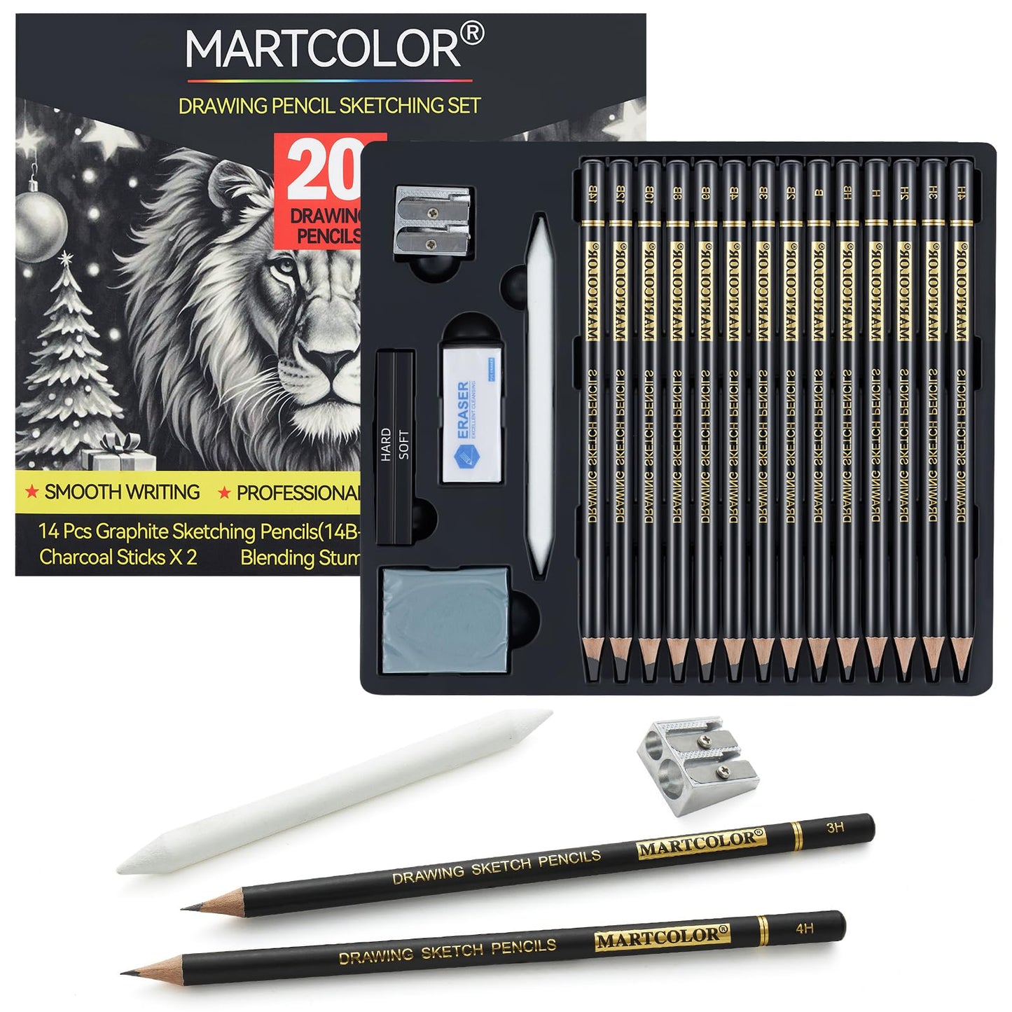 MARTCOLOR 20 Pieces Drawing Sketching Pencil Set, Graphite Pencils (14B-4H) | Charcoal Sticks, Stump, Eraser, Sharpeners, Ideal for Drawing Art, Sketching, Artist Pencils for Beginners & Pro Artists