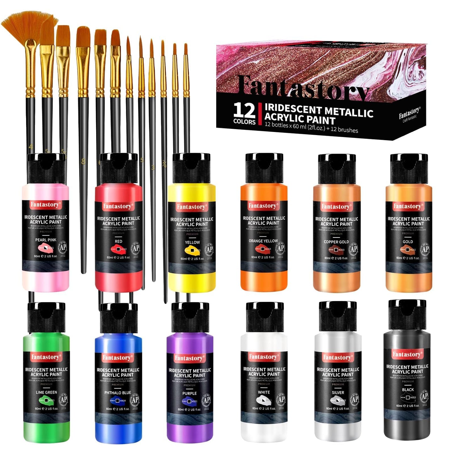 Fantastory 60ml 36 Colors Acrylic Paint Set with 12 Brushes | with 12 Brushes, Chart, Palette, Scraper, Sponge - 3 Metallic, Non-Toxic, Waterproof for Wood, Rock, Canvas, Clay, DIY, 3D