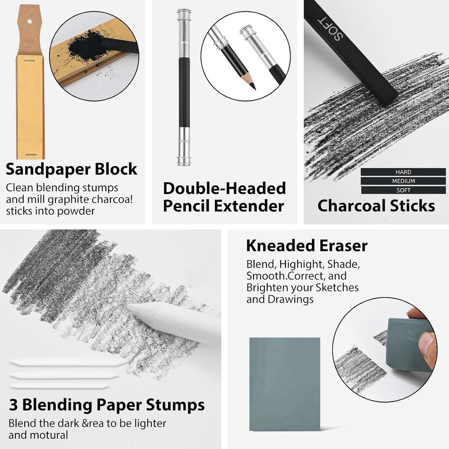 GETHPEN 34Pcs Sketch Drawing Kit, Graphite 14B-4H Charcoal Pencils Sticks | Sketch Pencil Set, (4H-14B) Pencils, Vinyl Eraser, Kneaded Eraser,Sharpener and Paper Blending Stump, Artists and Beginners