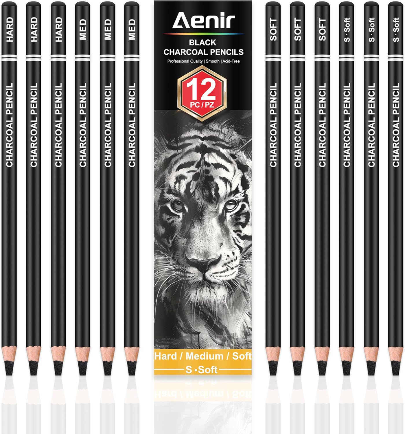 Aenir Charcoal Pencils for Drawing,（S-Soft, Soft, Medium, Hard 12 Pieces | Charcoal Drawing Pencils for Drawing, Sketching, Shading, Smooth, Art Supplies for Artist and Beginners