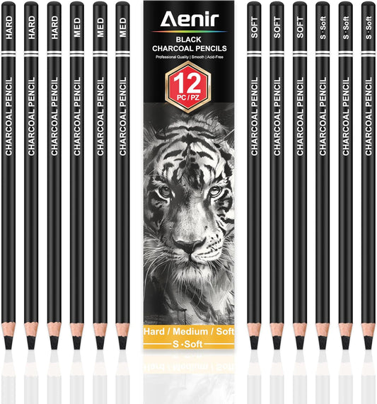 Aenir Charcoal Pencils for Drawing,（S-Soft, Soft, Medium, Hard 12 Pieces | Charcoal Drawing Pencils for Drawing, Sketching, Shading, Smooth, Art Supplies for Artist and Beginners