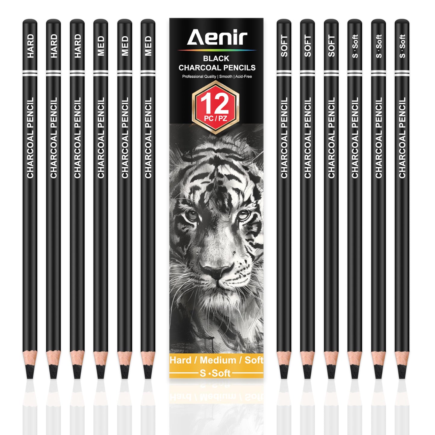 Aenir Charcoal Pencils for Drawing,（S-Soft, Soft, Medium, Hard 12 Pieces | Charcoal Drawing Pencils for Drawing, Sketching, Shading, Smooth, Art Supplies for Artist and Beginners