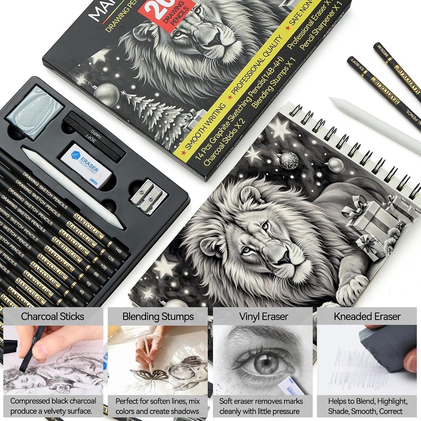 MARTCOLOR 20 Pieces Drawing Sketching Pencil Set, Graphite Pencils (14B-4H) | Charcoal Sticks, Stump, Eraser, Sharpeners, Ideal for Drawing Art, Sketching, Artist Pencils for Beginners & Pro Artists