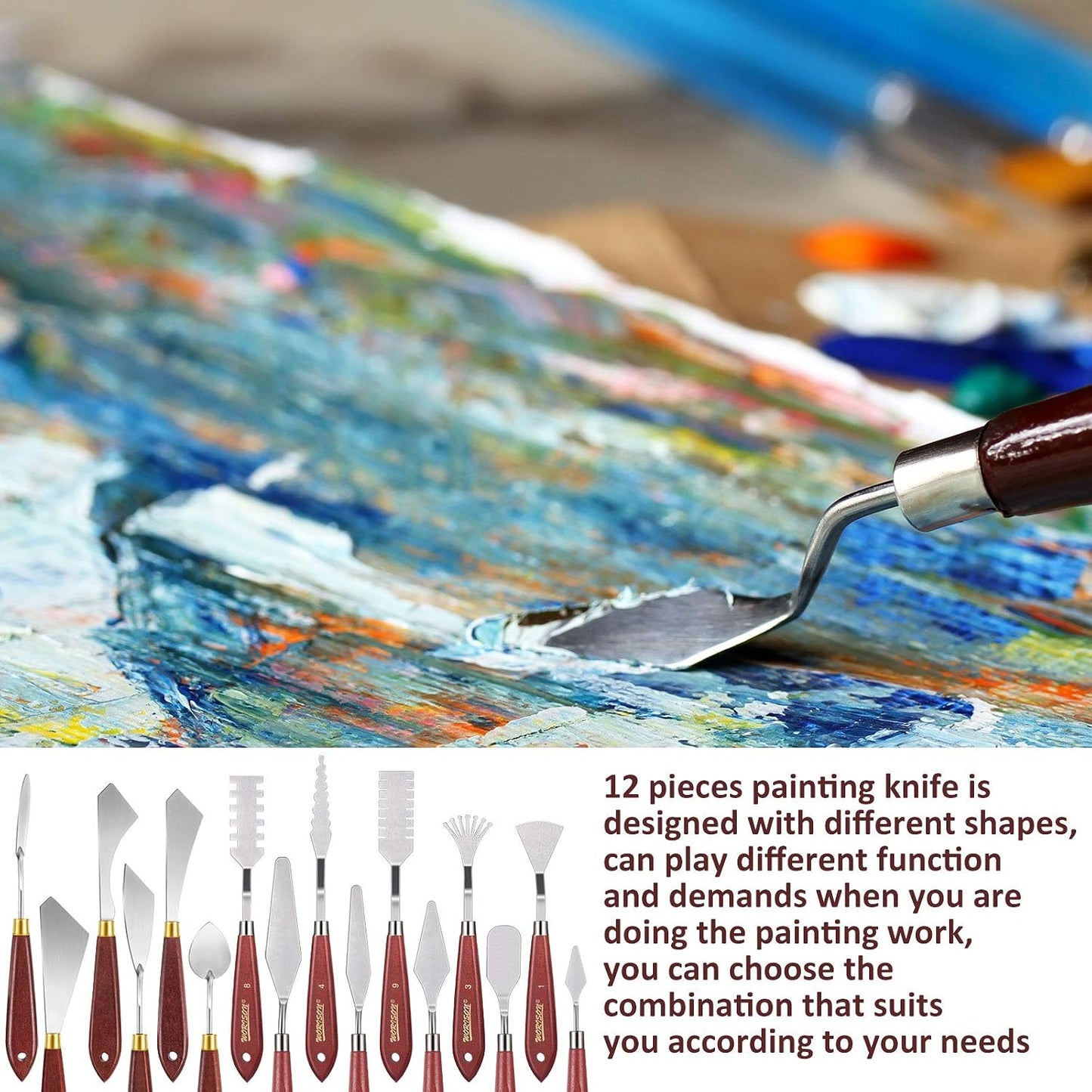 Honoson 16 Pieces Palette Knife Set Stainless Steel Painting Knives with Wood Handles for Acrylic Oil Painting Canvas Texturing Impasto Color Mixing & Blending Art Supplies for Artists and Beginners