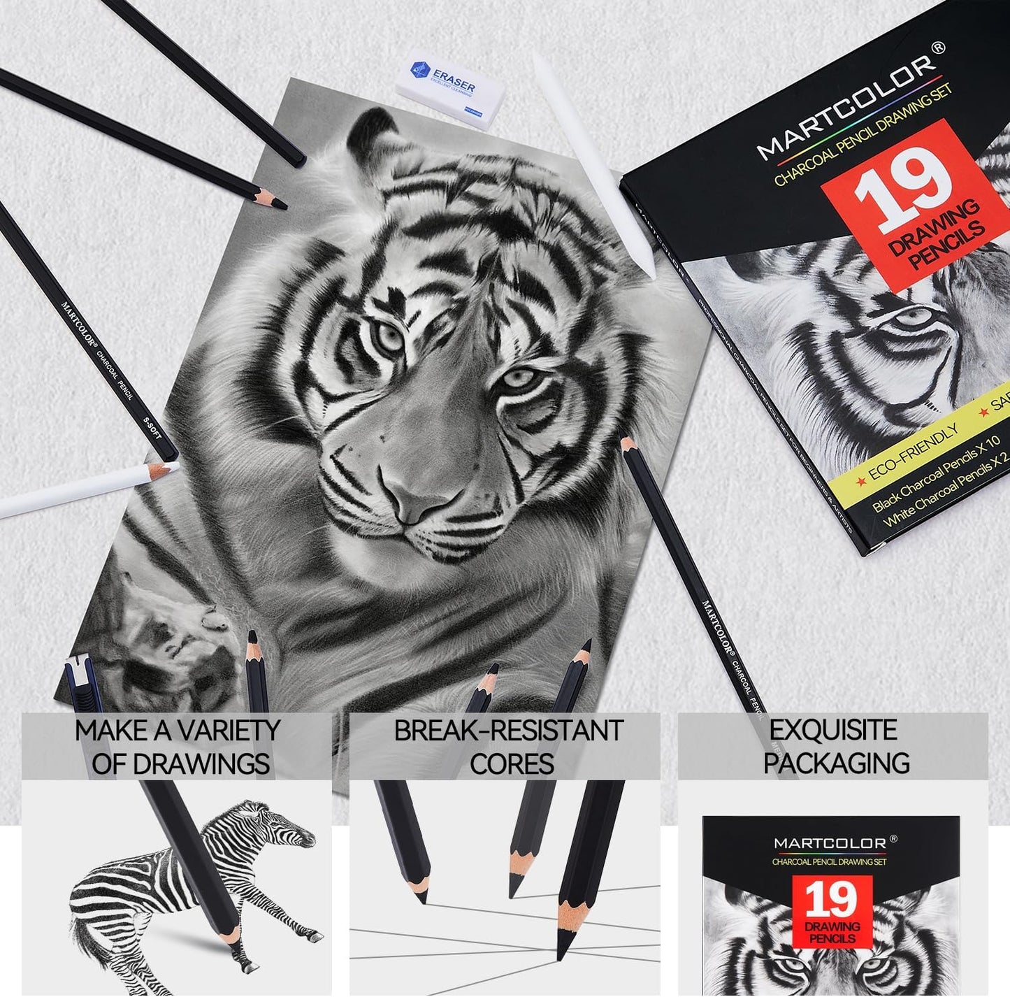 MARTCOLOR Charcoal Drawing Set, 19 Pieces, Black & White Charcoal Pencils | Charcoal Sticks, Blending Stumps, Art Knife, Eraser for Drawing, Sketching, Shading, Artist Pencils for Beginners & Artists