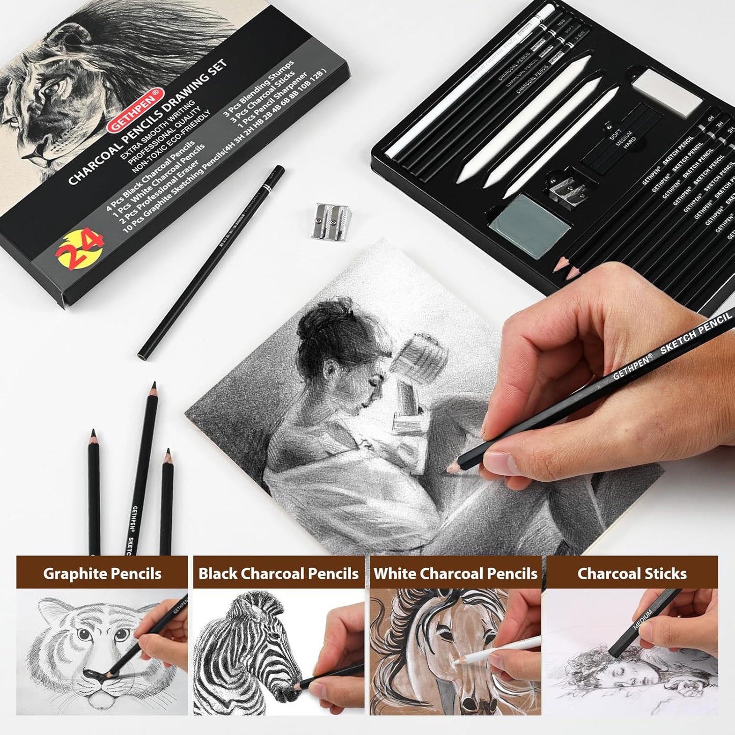GETHPEN Drawing Sketching Pencil Set,Graphite 12B-4H Charcoal Pencils,24Pcs | Sketch Drawing Kit, Black and White Charcoal Pencils,Stumps,Eraser,Sharpeners, Sketching, Shading, Artist Charcoal Supplies