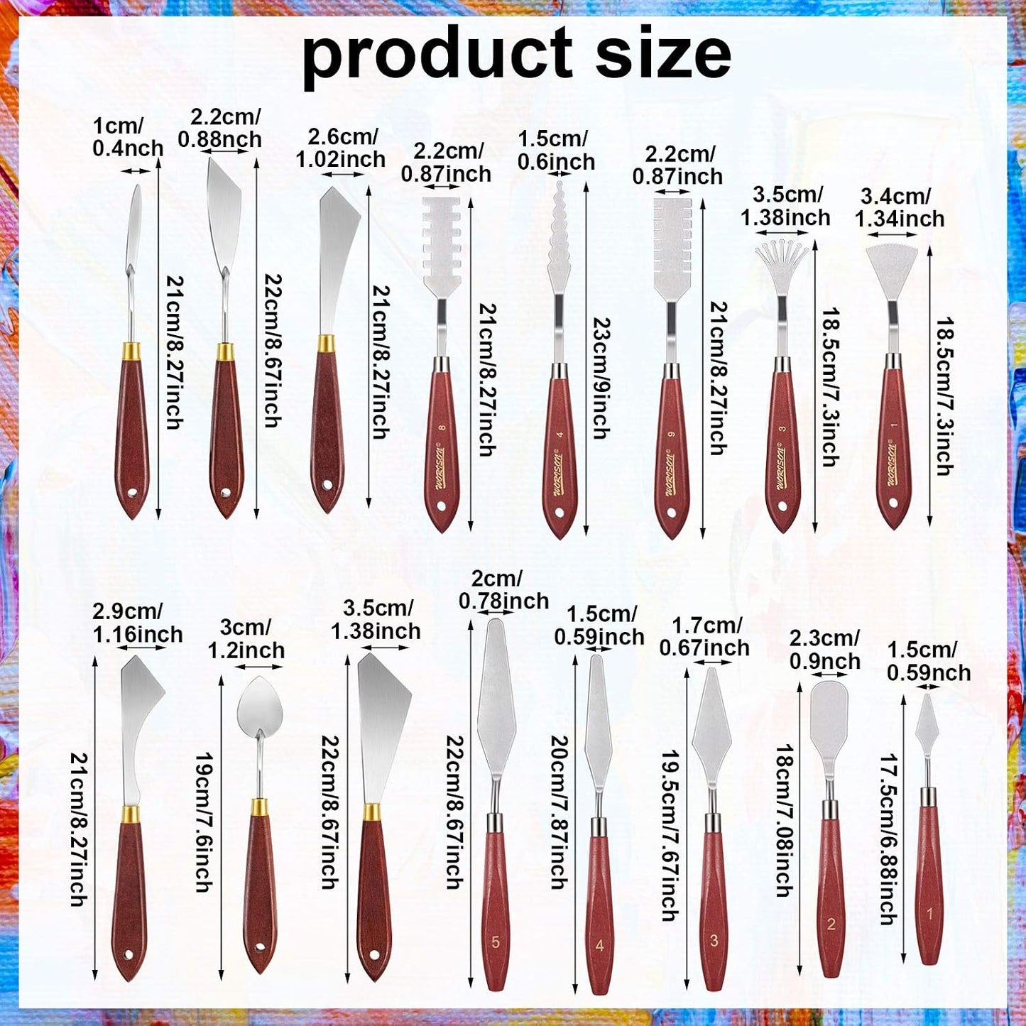 Honoson 16 Pieces Palette Knife Set Stainless Steel Painting Knives with Wood Handles for Acrylic Oil Painting Canvas Texturing Impasto Color Mixing & Blending Art Supplies for Artists and Beginners