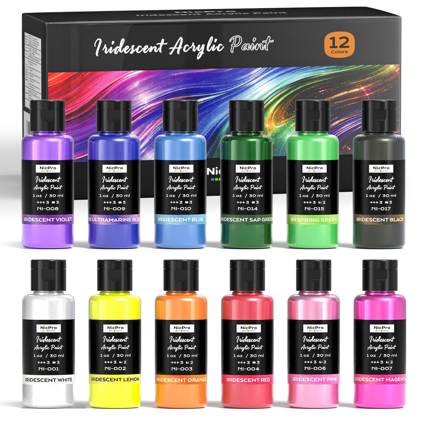 Nicpro 20 Colors Iridescent Acrylic Paint,8.45oz Large Bulk Metallic Paint | Color Shifting Craft Paint, Non-Toxic Art Painting Supplies, For Canvas Fabric Rock Wood with Paint Knife Color Wheel